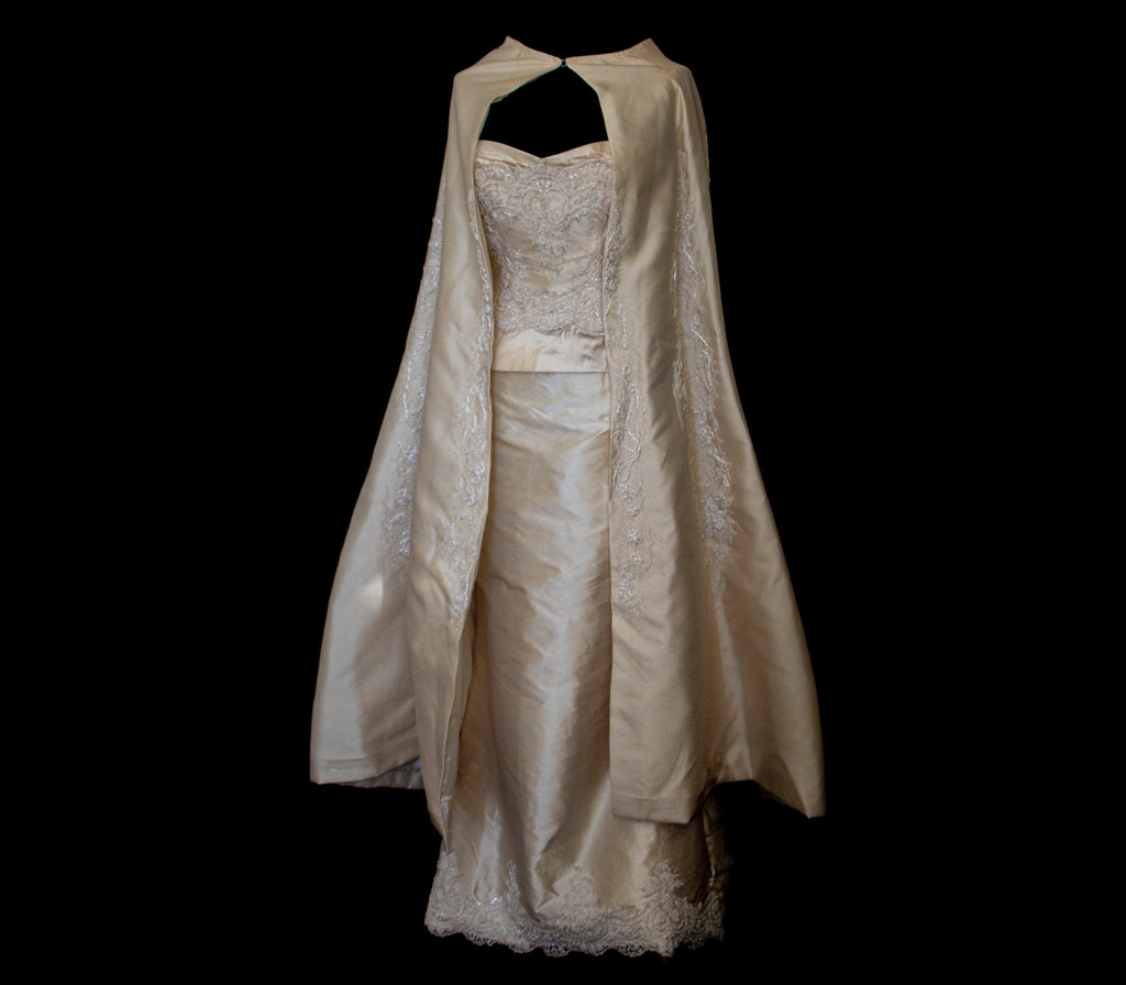 334 - IVORY SILK MIKADO VINTAGE WEDDING DRESS: COLUMN GOWN WITH EMBROIDERED CAPE & CRYSTALS - Vague atelier