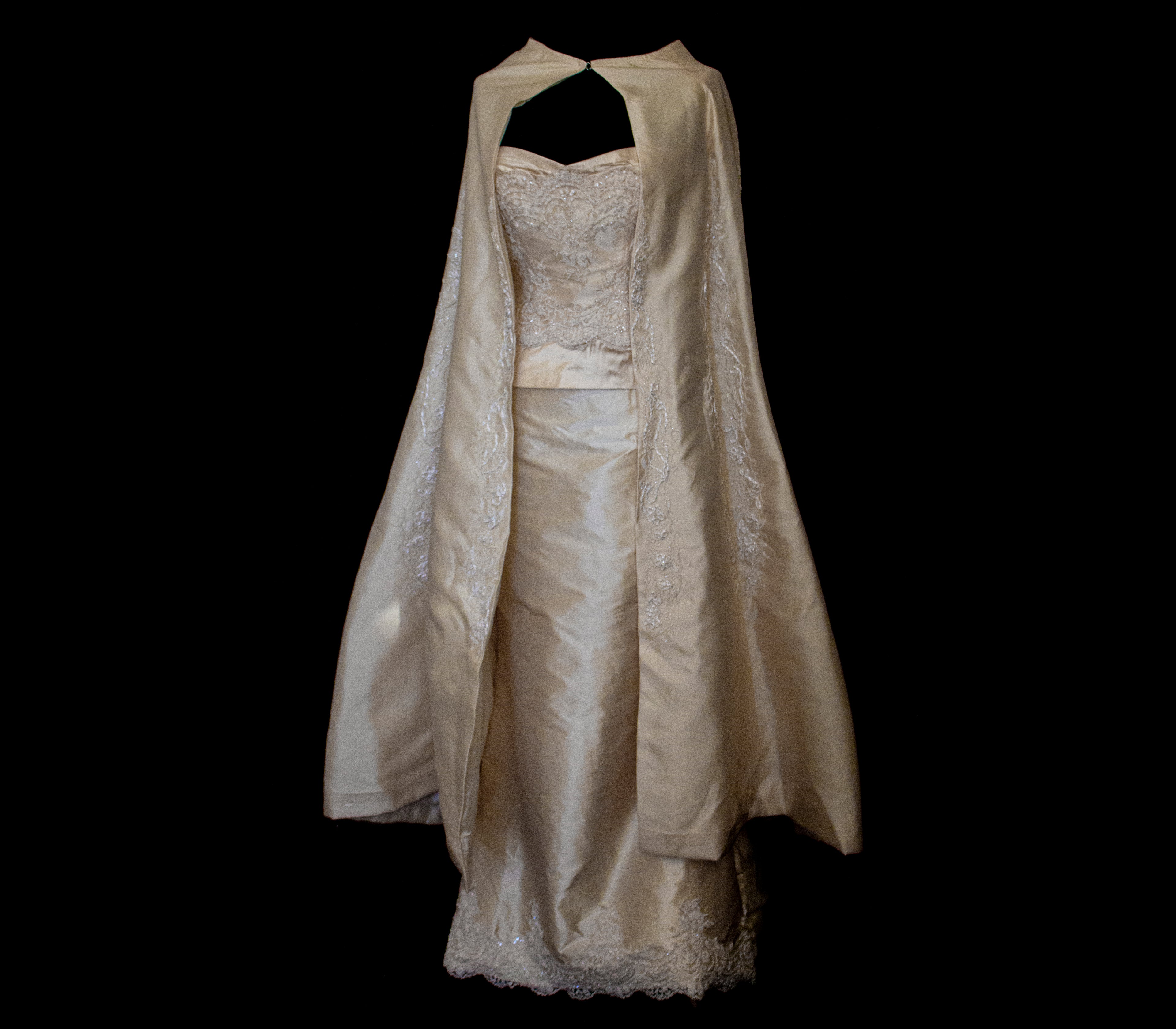334 - IVORY SILK MIKADO VINTAGE WEDDING DRESS: COLUMN GOWN WITH EMBROIDERED CAPE & CRYSTALS - Vague atelier