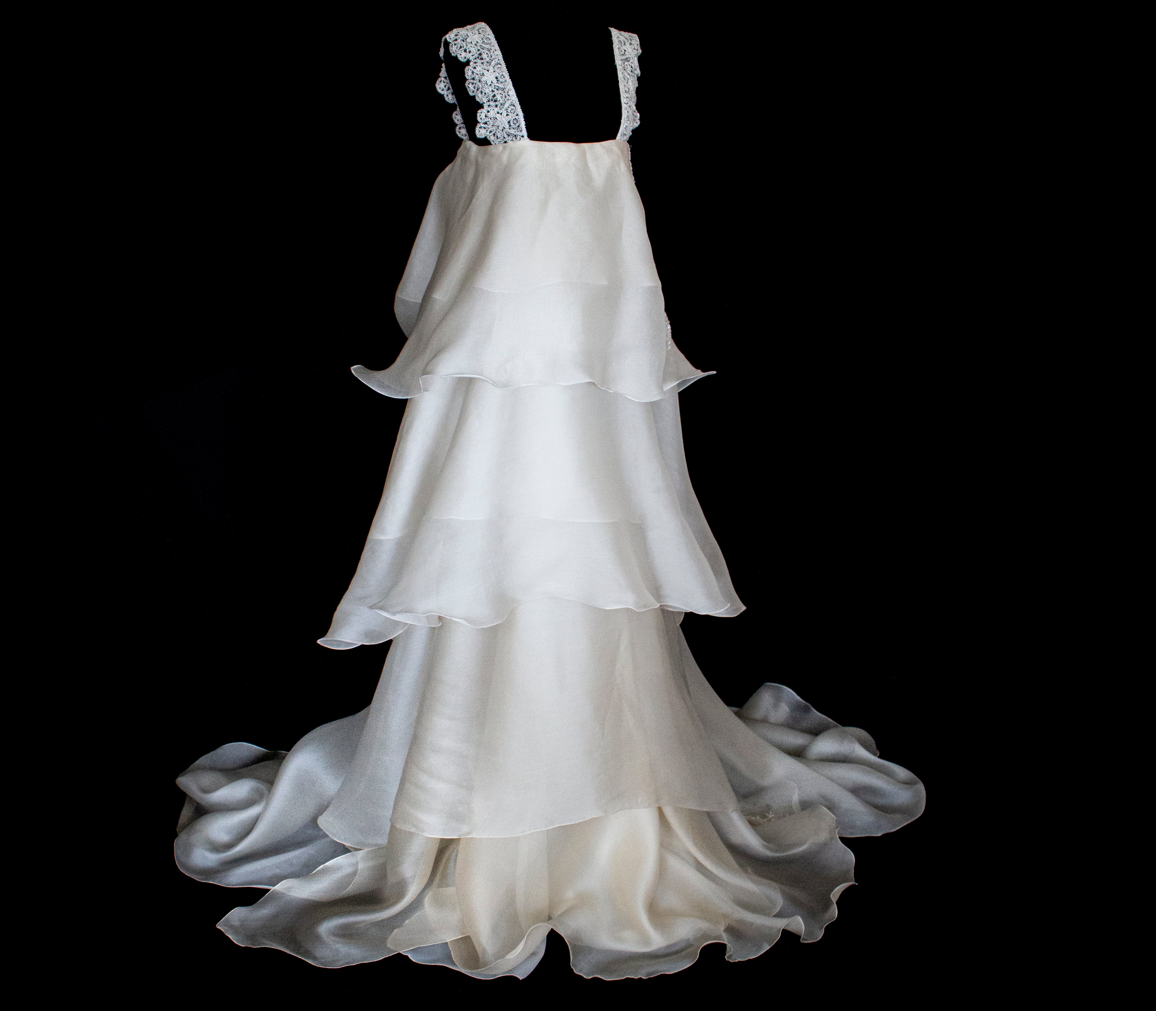 344 - UNIQUE UPCYCLED SILK ORGANZA WEDDING DRESS: PEARL GREY & BRONZE RUFFLED GOWN, SILVER EMBROIDERY, LUXURY SUSTAINABLE BRIDAL DRESS - Vague atelier