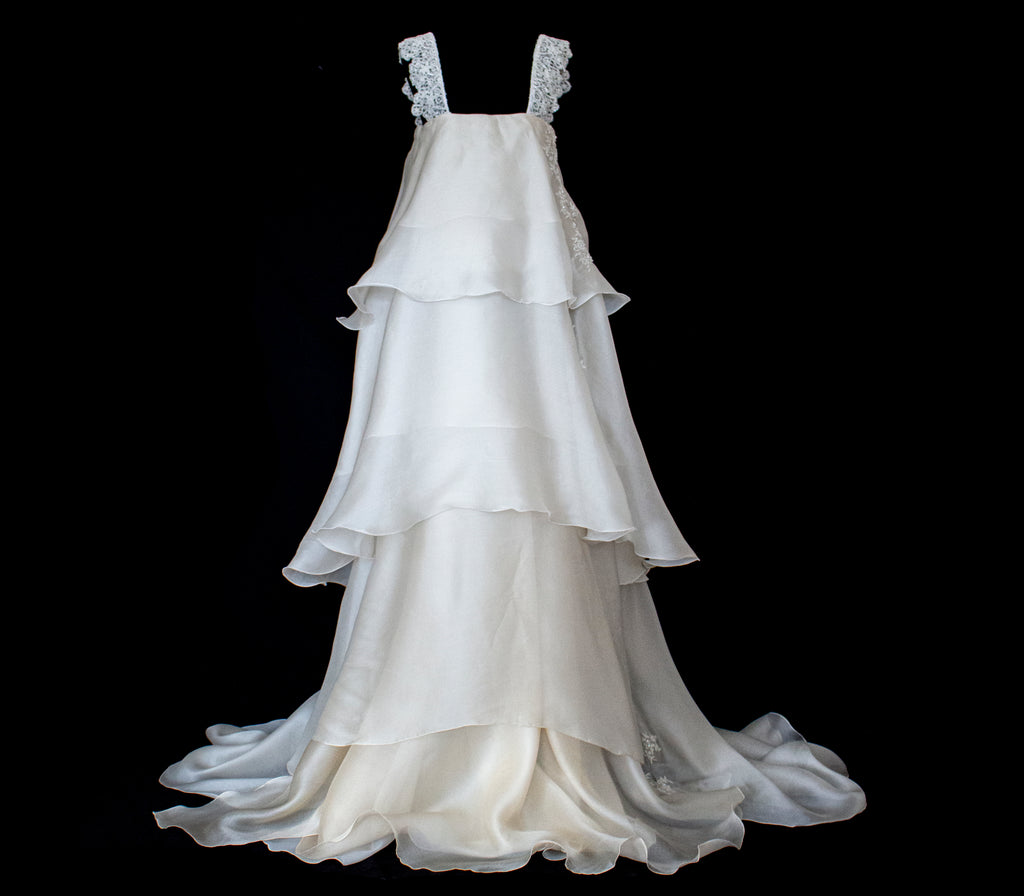 344 - UNIQUE UPCYCLED SILK ORGANZA WEDDING DRESS: PEARL GREY & BRONZE RUFFLED GOWN, SILVER EMBROIDERY, LUXURY SUSTAINABLE BRIDAL DRESS - Vague atelier