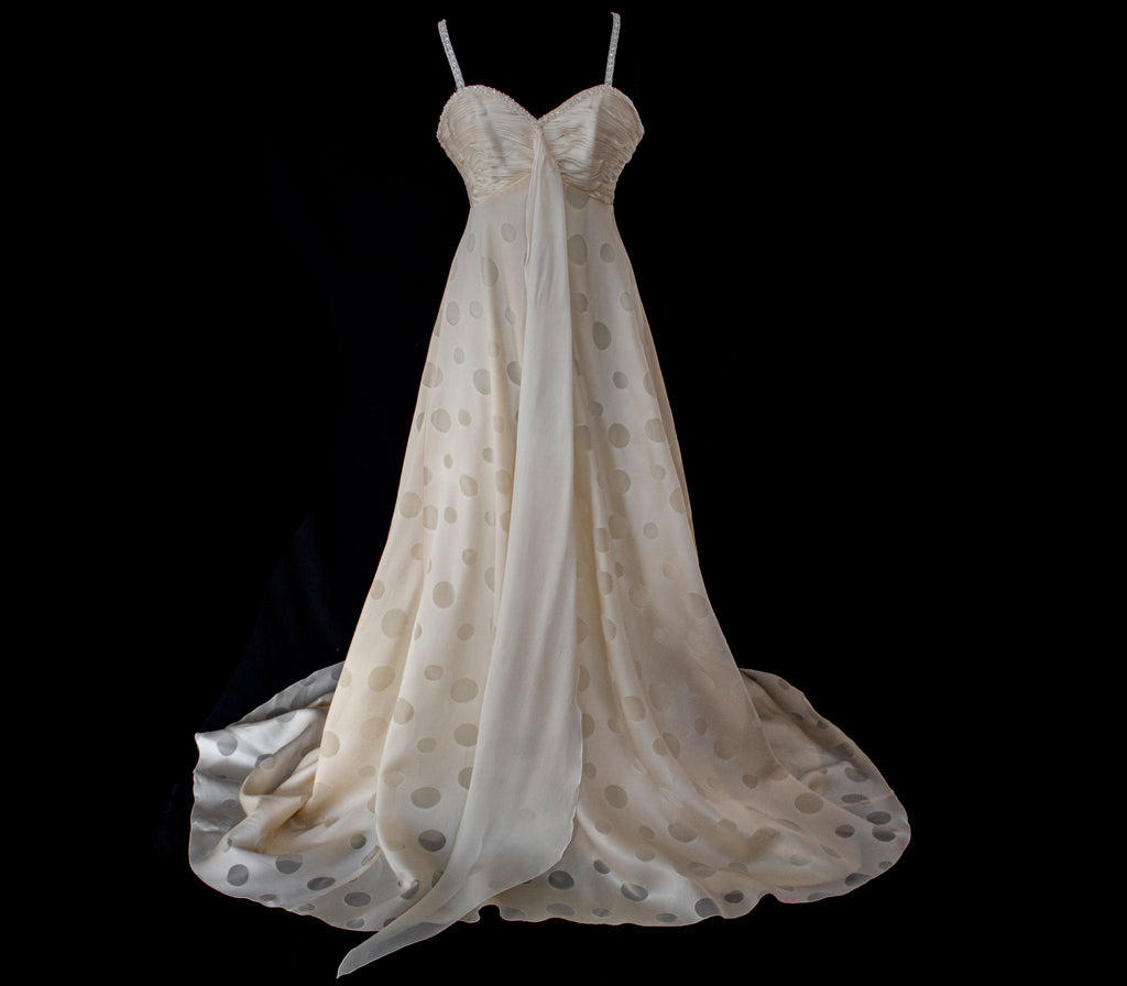 338 - IVORY CHAMPAGNE SILK ORGANZA WEDDING DRESS: POLKA / POIS DOT EMPIRE GOWN WITH BEADED STRAPS & FULL CIRCLE TRAIN - Vague atelier