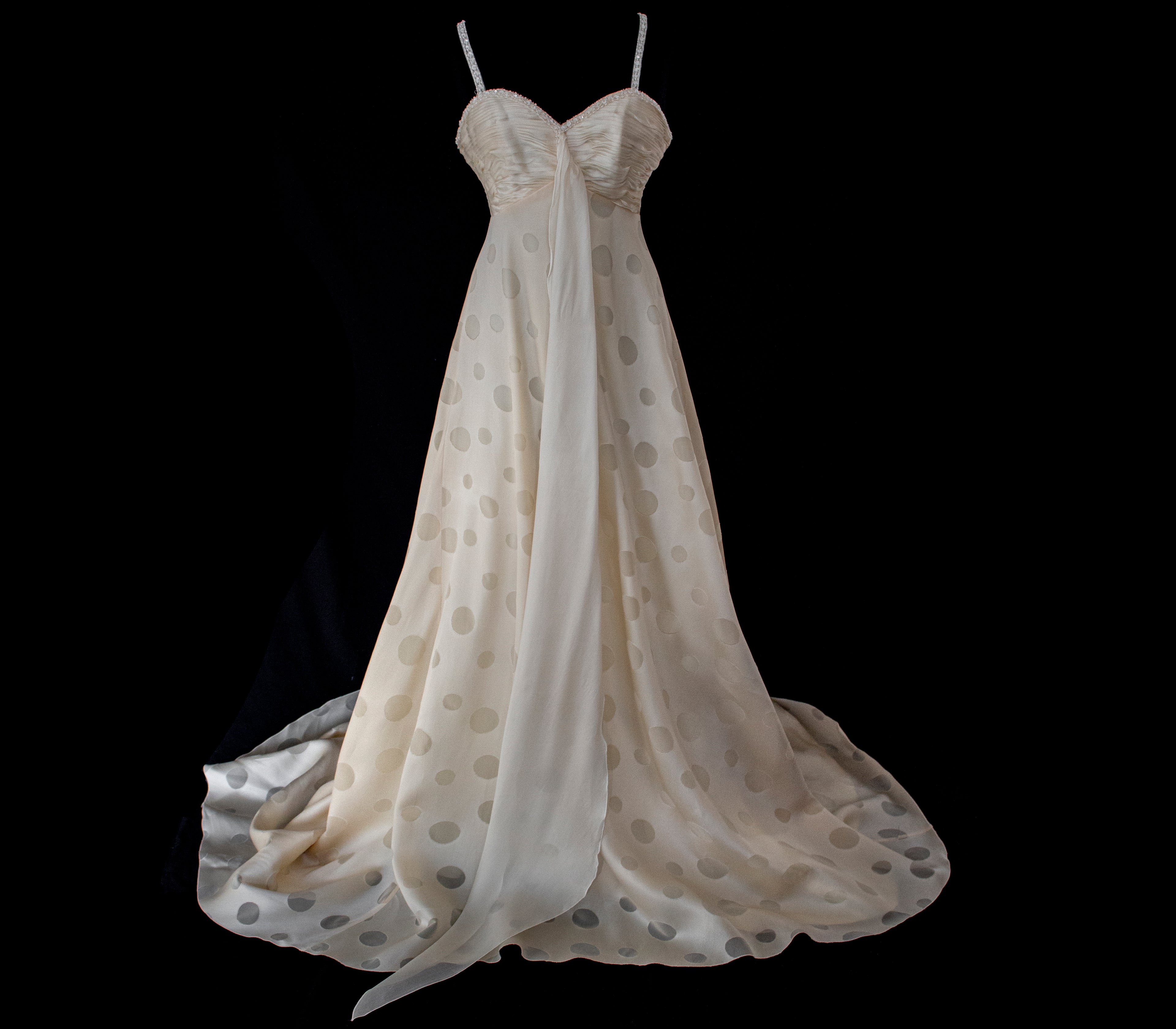 338 - IVORY CHAMPAGNE SILK ORGANZA WEDDING DRESS: POLKA / POIS DOT EMPIRE GOWN WITH BEADED STRAPS & FULL CIRCLE TRAIN