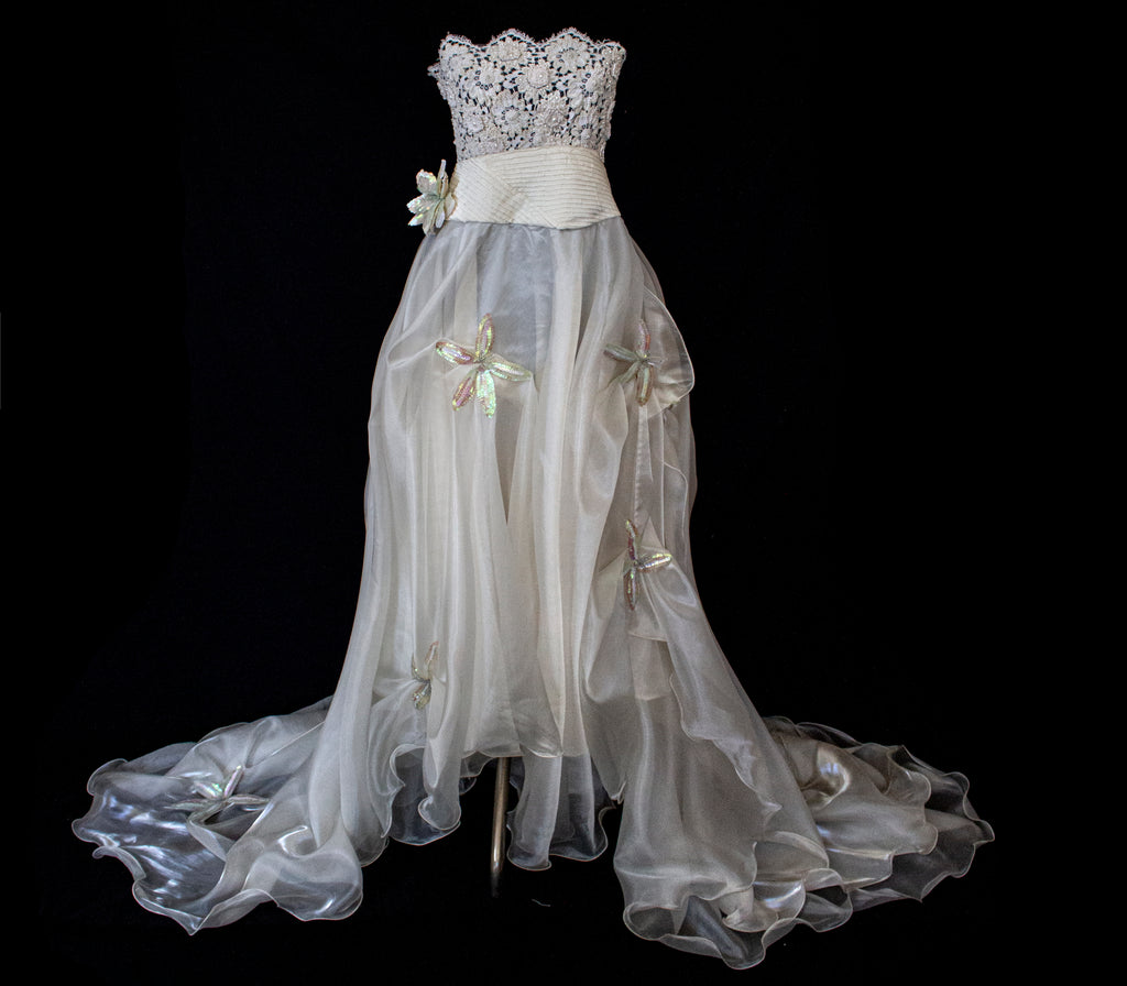 352 - UNIQUE 80S VINTAGE UPCYCLED WEDDING DRESS: EMPIRE WAIST SILK BRIDAL GOWN WITH IRIDESCENT ORGANZA & SEQUIN MAXI FLOWERS - Vague atelier