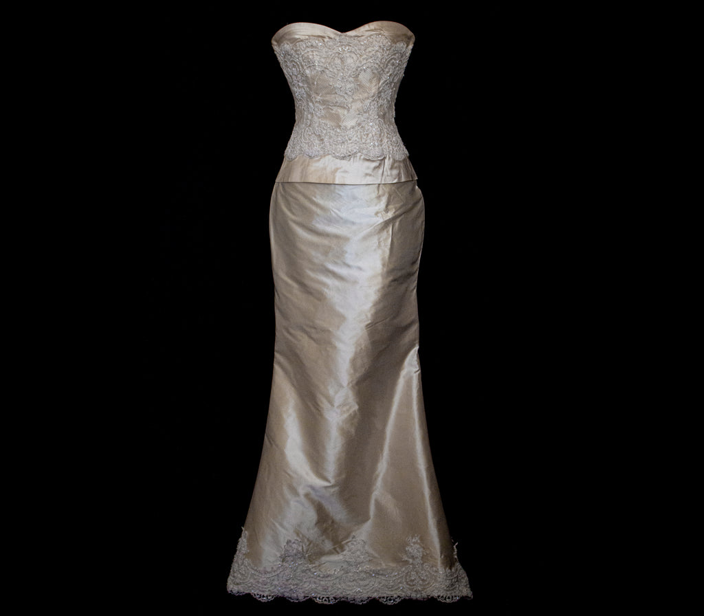 334 - IVORY SILK MIKADO VINTAGE WEDDING DRESS: COLUMN GOWN WITH EMBROIDERED CAPE & CRYSTALS - Vague atelier