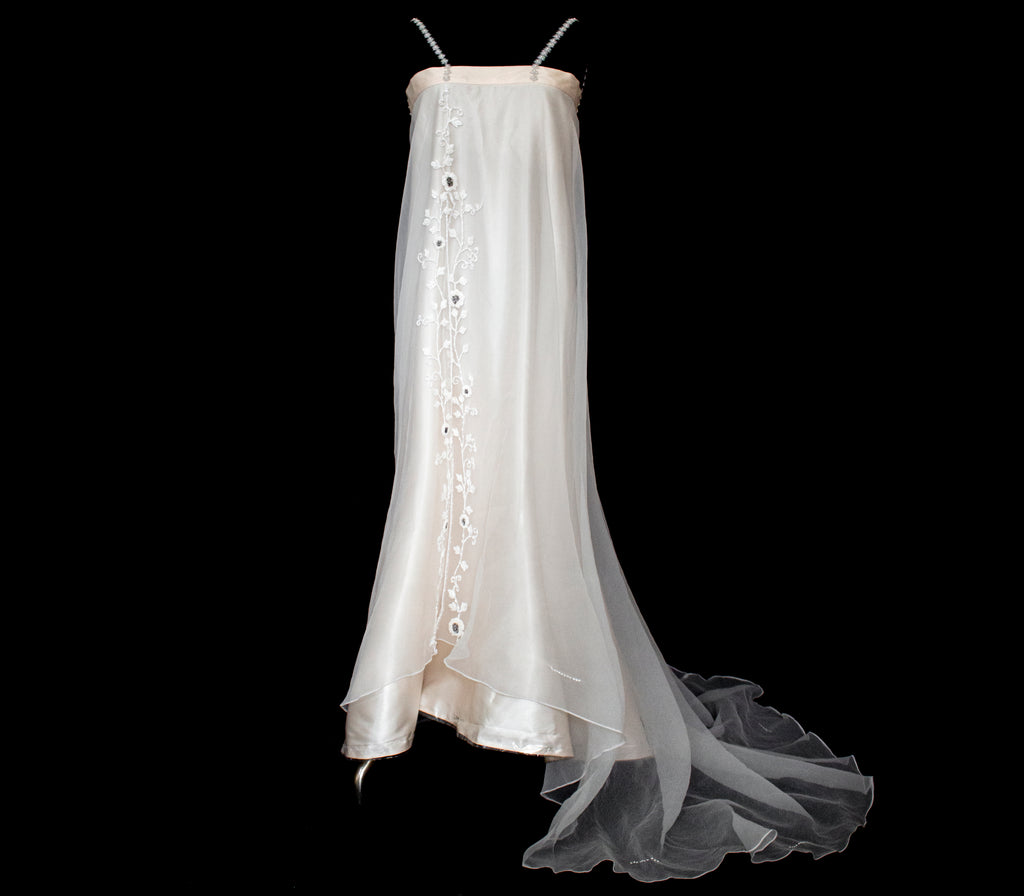 347 - UNIQUE UPCYCLED SILK SATIN WEDDING DRESS: POWDER PINK SLIP GOWN & IVORY CAPE ENSEMBLE, SILVER FLORAL EMBROIDERY, BOHO LUXURY