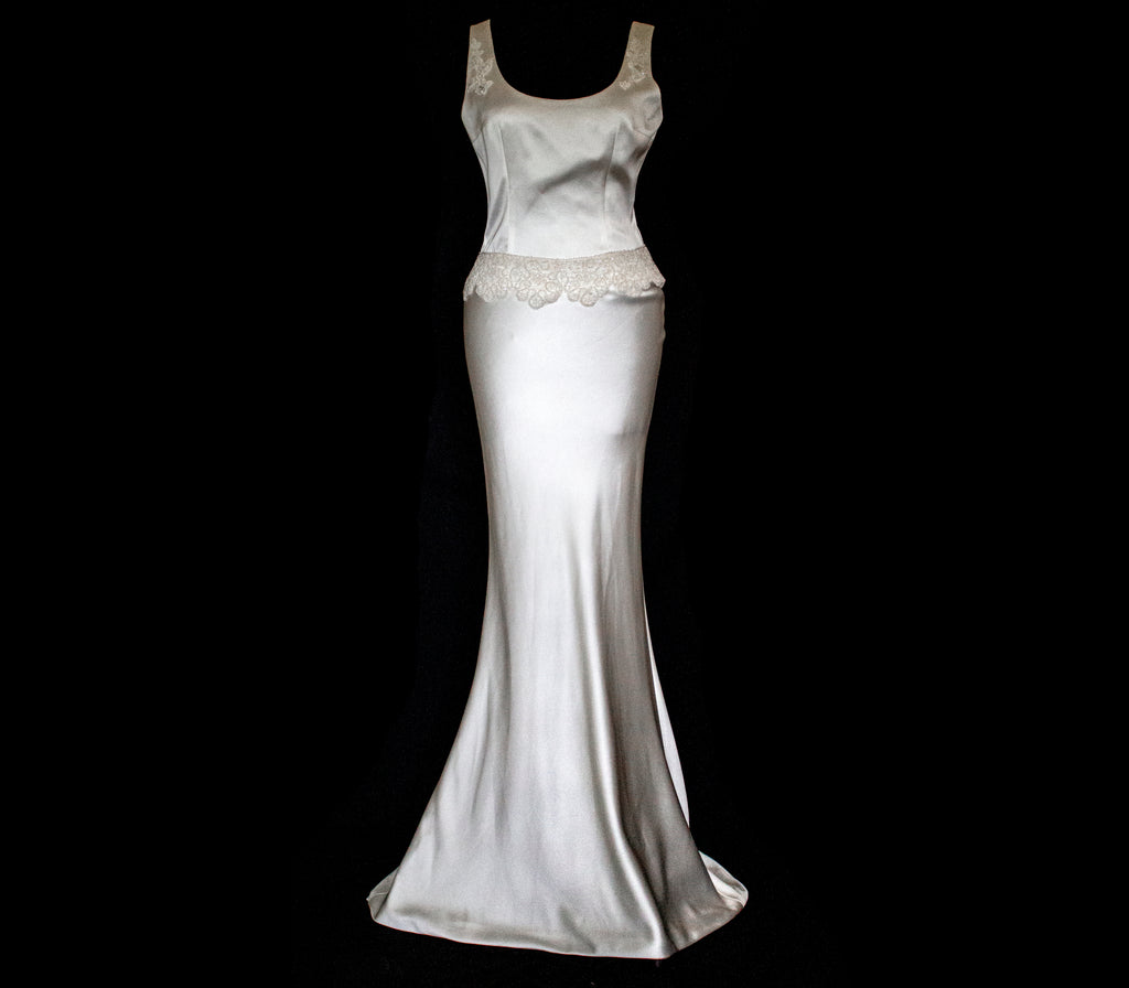 360 - VINTAGE SLIP STYLE WEDDING DRESS: CREAM FLUID SATIN GOWN WITH EMBROIDERED TULLE CAPE