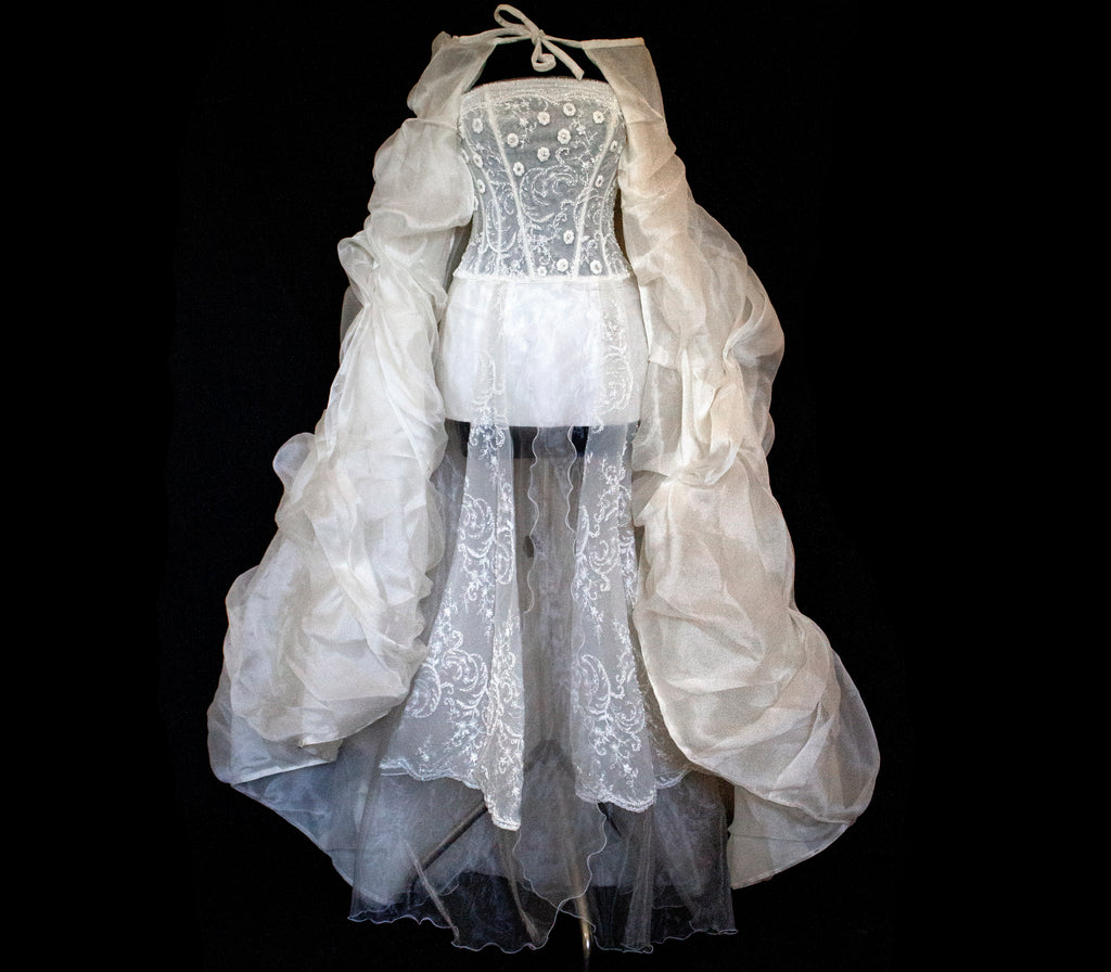365 - VINTAGE 90s UPCYCLED EMBROIDERED WEDDING DRESS: STRAPLESS WRAP GOWN WITH IRIDESCENT DRAMA CAPE