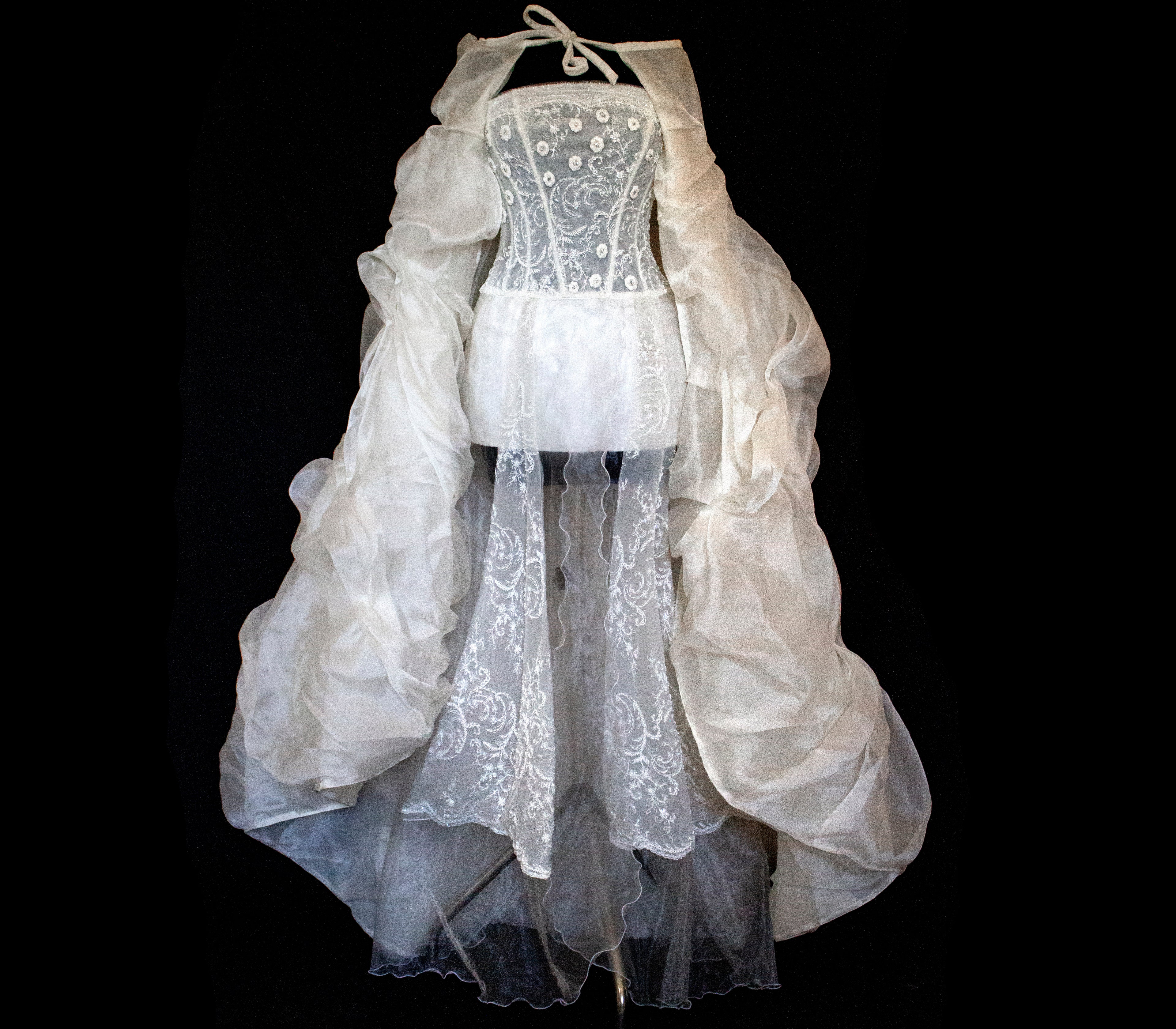 365 - VINTAGE 90s UPCYCLED EMBROIDERED WEDDING DRESS: STRAPLESS WRAP GOWN WITH IRIDESCENT DRAMA CAPE