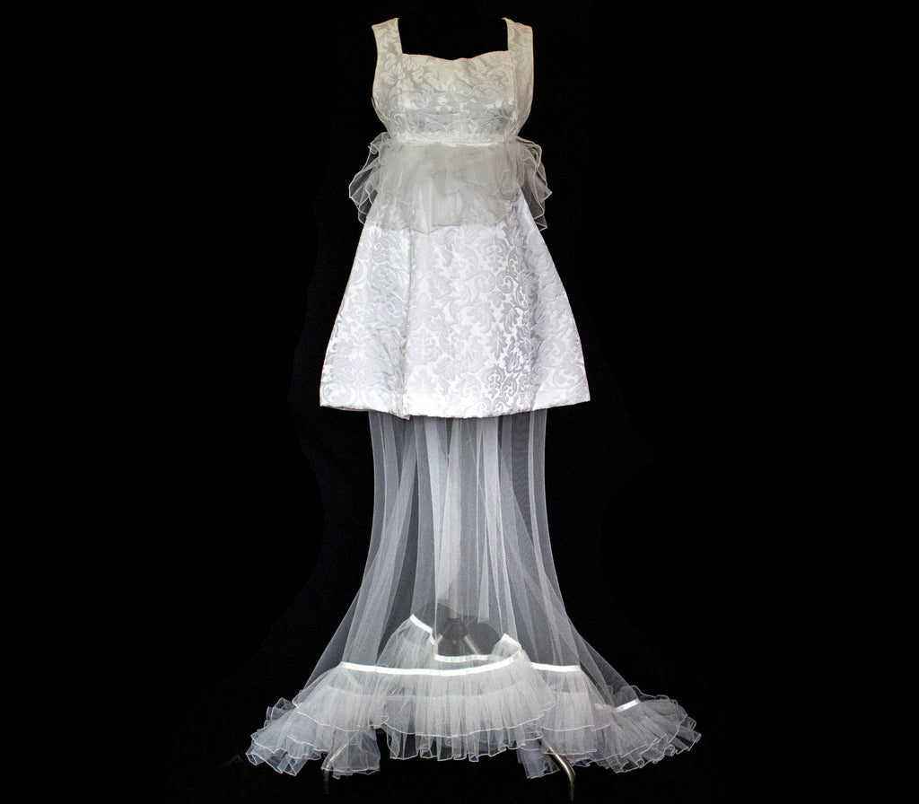 Vintage 90s Mini Wedding Dress | Damask Bridal Dress with Cape & Bow - 368