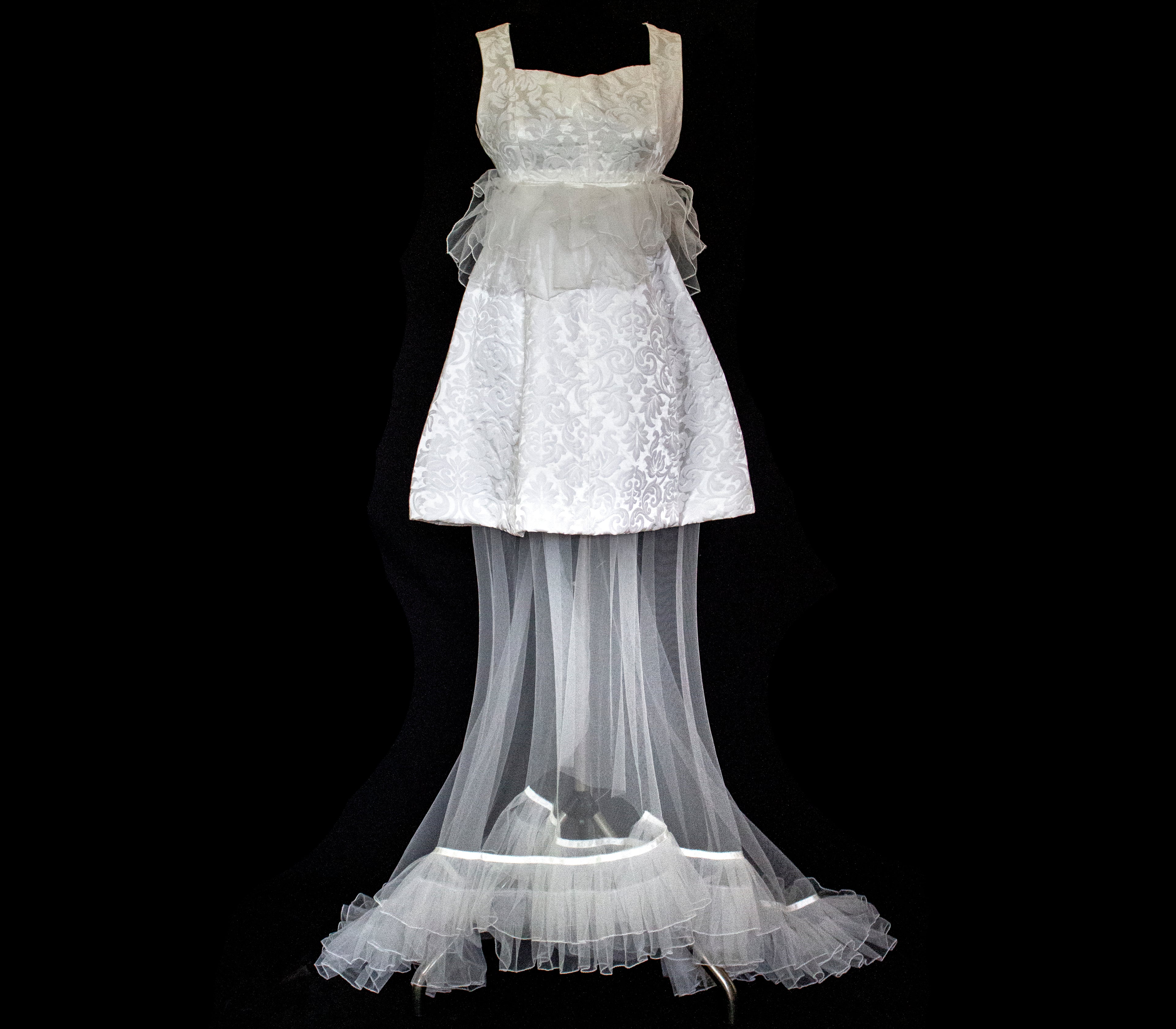 Vintage 90s Mini Wedding Dress | Damask Bridal Dress with Cape & Bow - 368