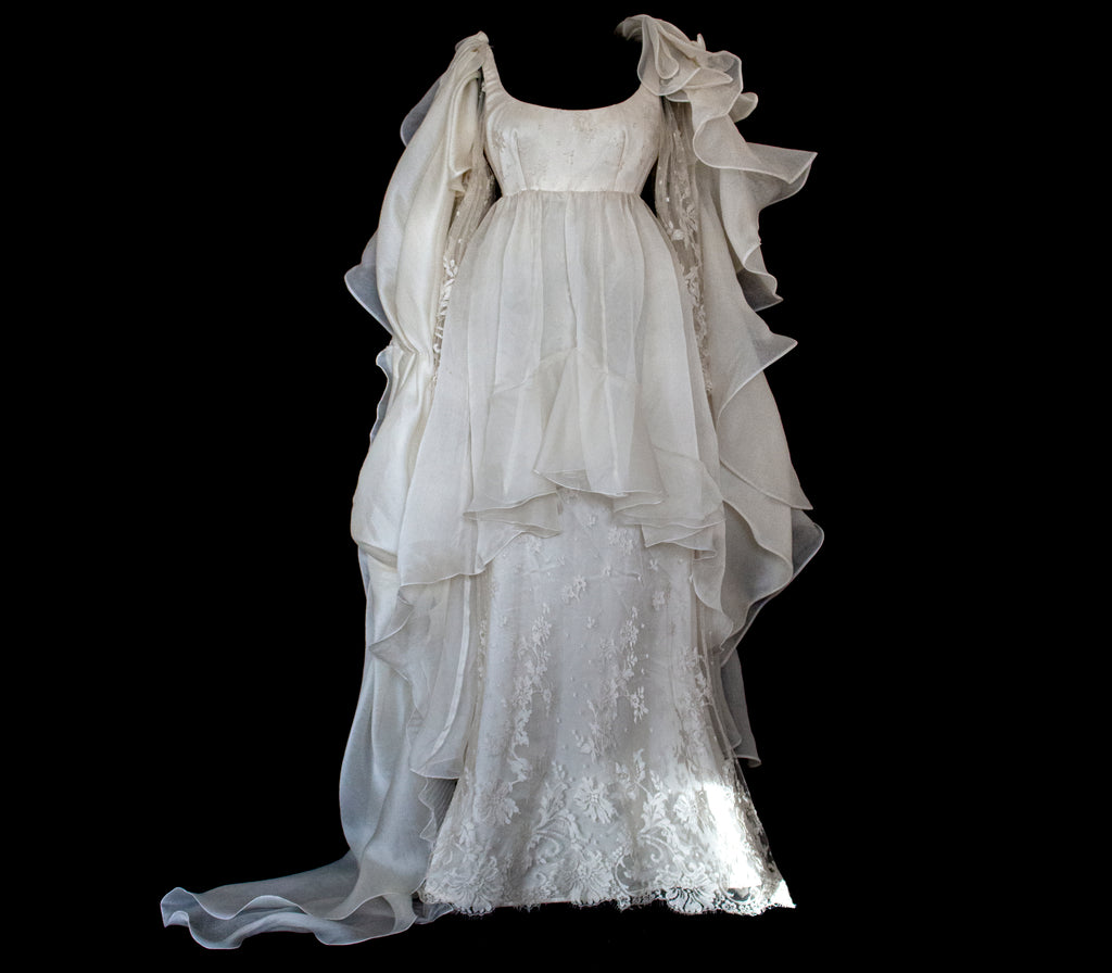340 - OFF-WHITE SILK ORGANZA & ECRU LACE UPCYCLED WEDDING DRESS: UNIQUE EMPIRE GOWN WITH PLEATED WINGS
