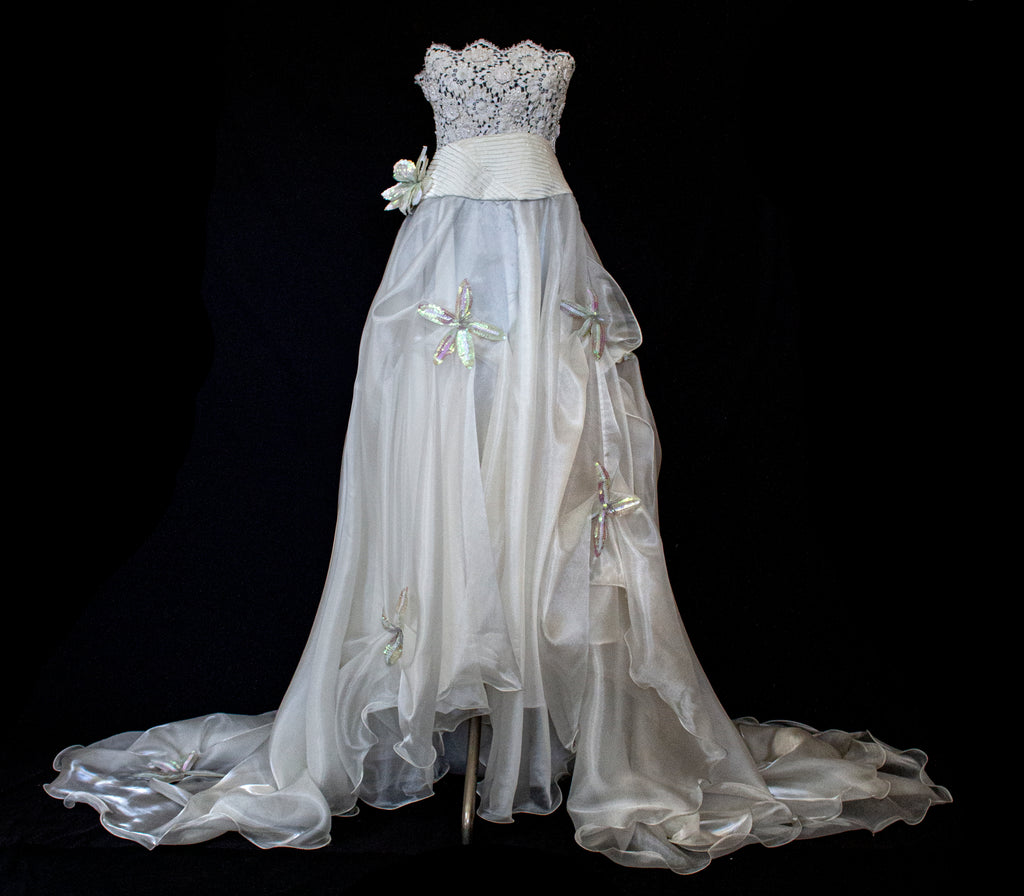 352 - UNIQUE 80S VINTAGE UPCYCLED WEDDING DRESS: EMPIRE WAIST SILK BRIDAL GOWN WITH IRIDESCENT ORGANZA & SEQUIN MAXI FLOWERS - Vague atelier
