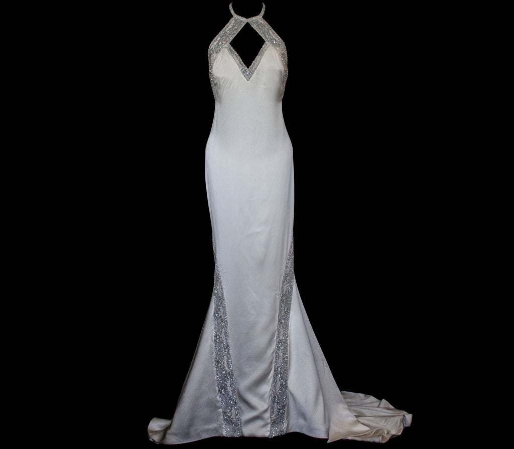291 - OLD HOLLYWOOD VINTAGE MERMAID BRIDAL GOWN: BACKLESS SILK SATIN & ART DECO SILVER BEADING