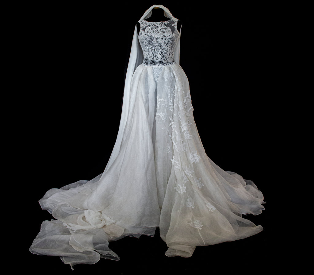 331 - ONE OF A KIND UPCYCLED VINTAGE BRIDAL GOWN: ASYMMETRIC LAYERED SILK CLOUD SKIRT & EMBROIDERED LACE - Vague atelier