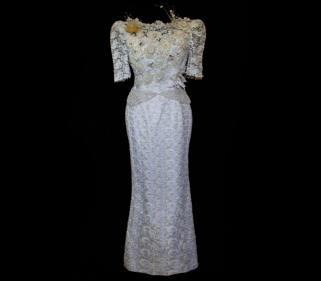 359 - VINTAGE 80s BEADED LACE SHEATH DRESS: WHITE & GOLD WEDDING GOWN WITH 3D FLORAL DETAILS