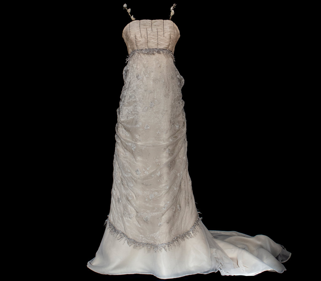 336 - DARK BEIGE SILK EMPIRE WEDDING DRESS: VINTAGE 90s GOWN WITH ROARING 20s DETAILS & SILVER EMBROIDERY - Vague atelier