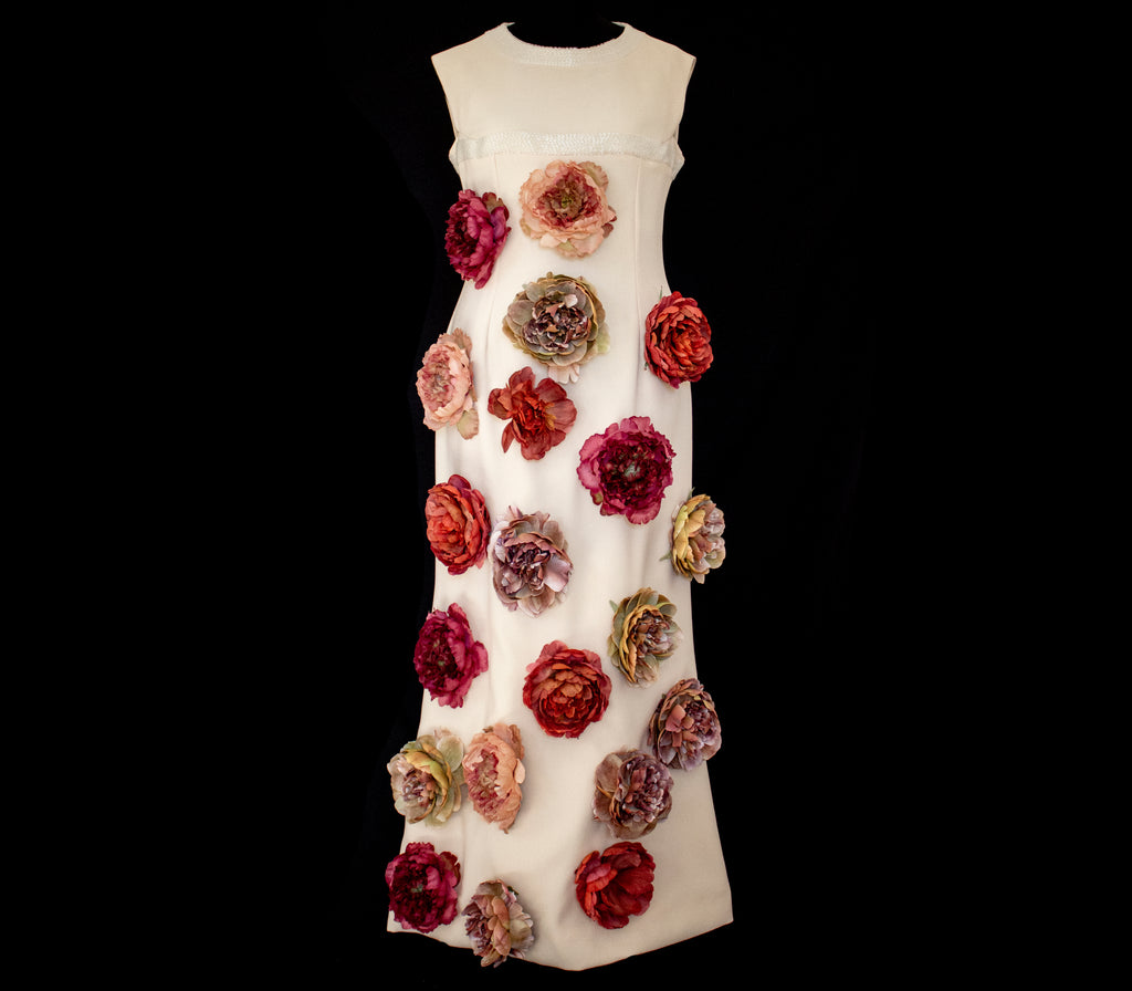 326 - SUSTAINABLE VINTAGE BRIDAL SET: WOOL CREPE DRESS & JACKET WITH COLORFUL PEONIES