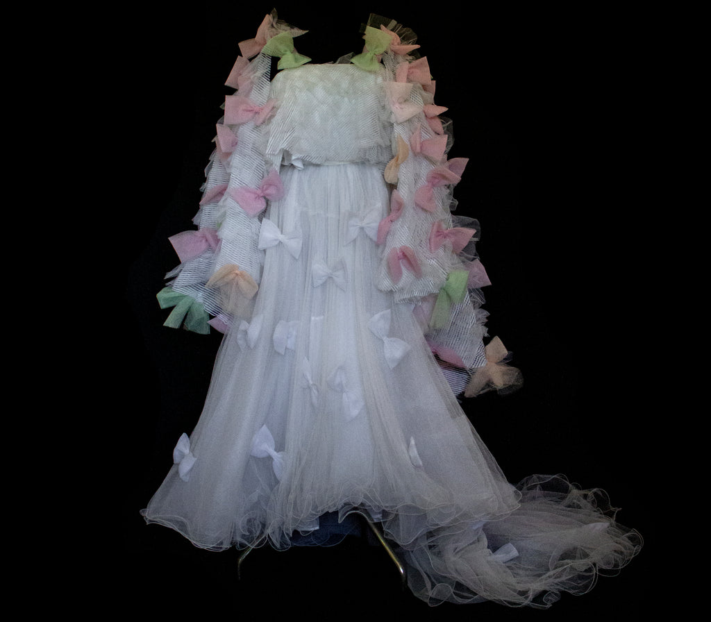 363 - VINTAGE 90s UPCYCLED TULLE 3-PIECE WEDDING DRESS: EMBROIDERED GOWN WITH HANDMADE BOWS AND CAPE