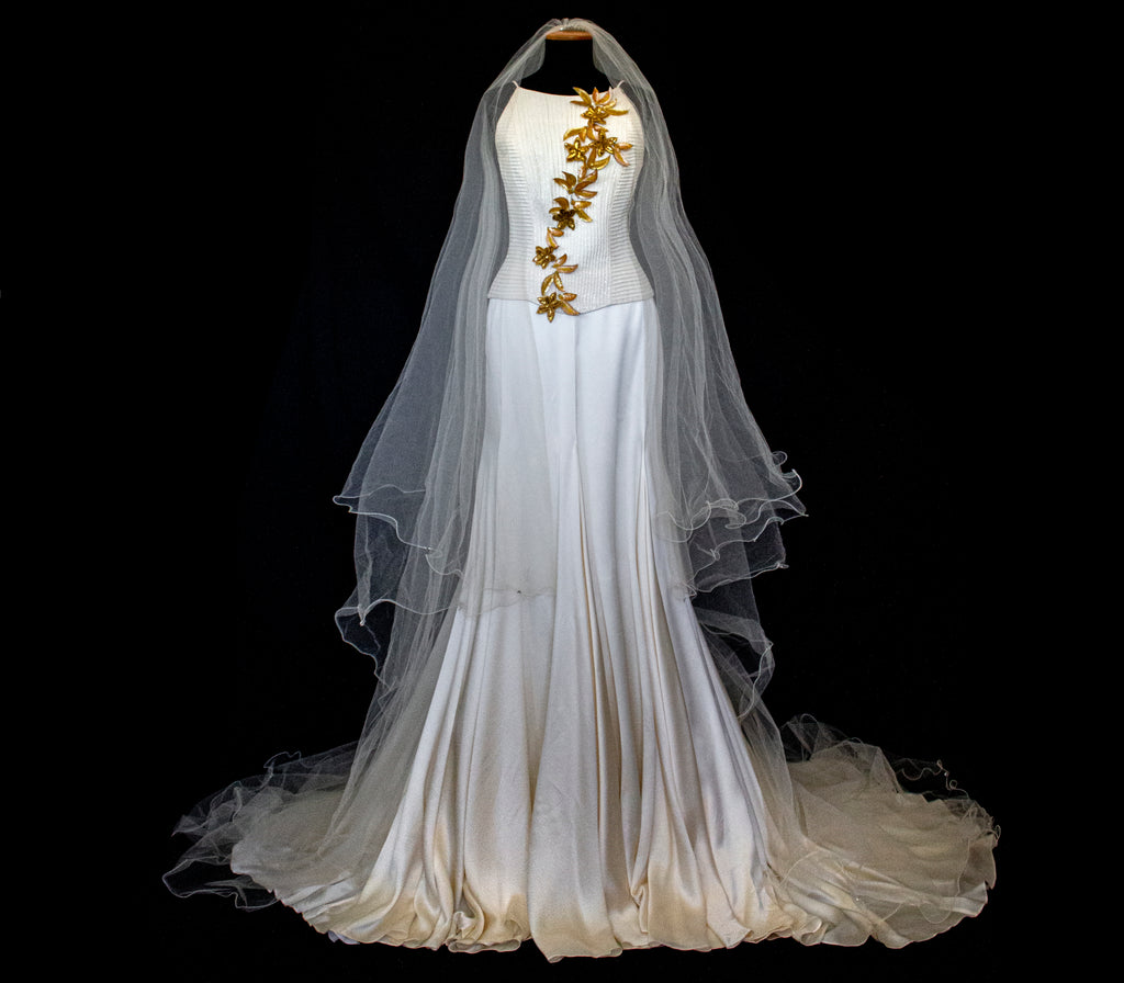 300 - SOPHISTICATED PURE SILK VINTAGE BRIDAL SET: HALTER TOP WITH ANTIQUE GOLD SEQUIN FLOWERS & MATCHING VEIL - Vague atelier