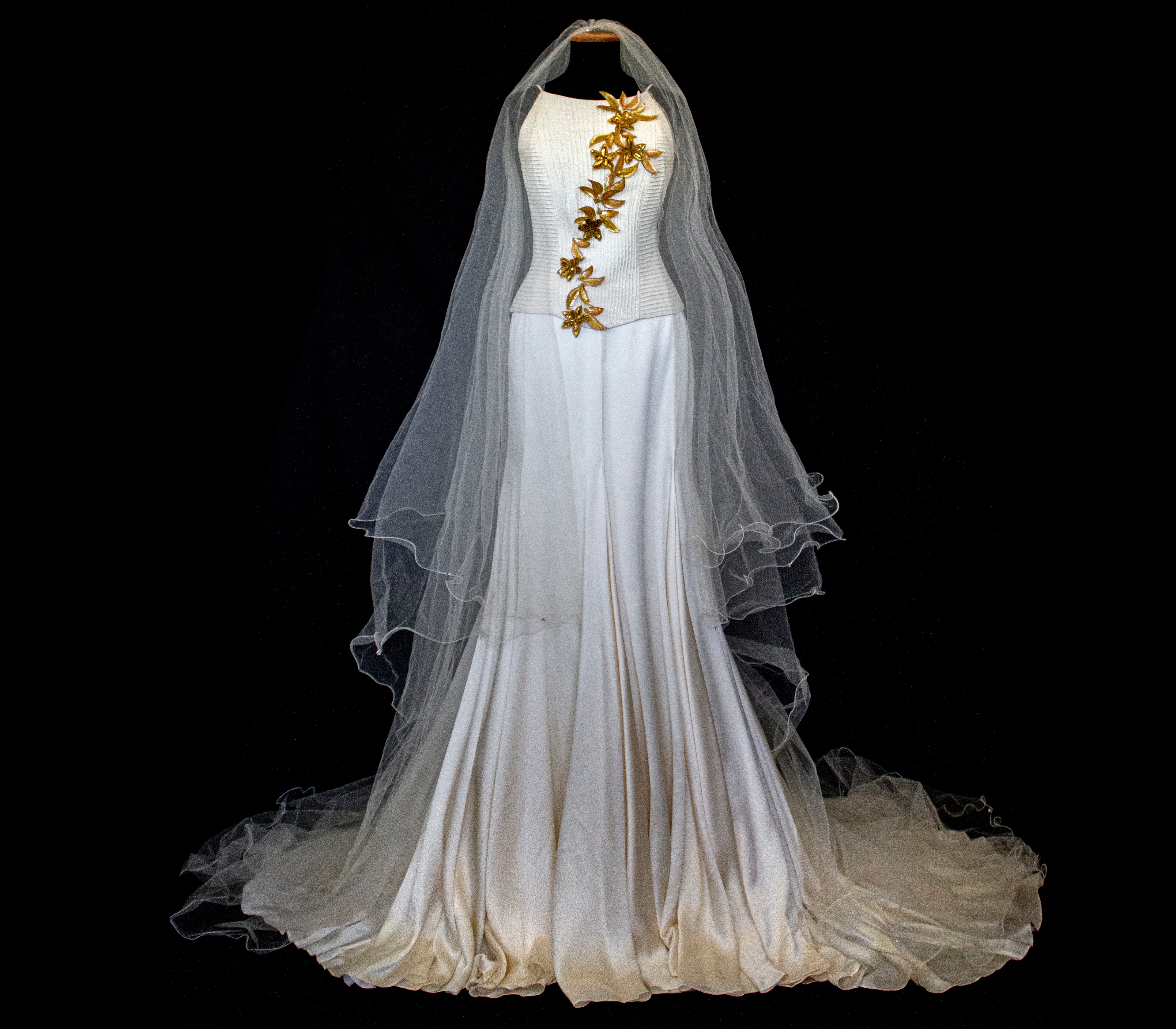 300 - SOPHISTICATED PURE SILK VINTAGE BRIDAL SET: HALTER TOP WITH ANTIQUE GOLD SEQUIN FLOWERS & MATCHING VEIL