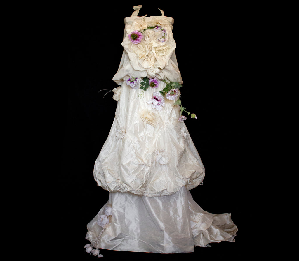 297- UNIQUE ROMANTIC VINTAGE SILK TAFFETA ENSEMBLE: BALLOON TOP & 3D MULTICOLOR FLORAL SKIRT - Vague atelier