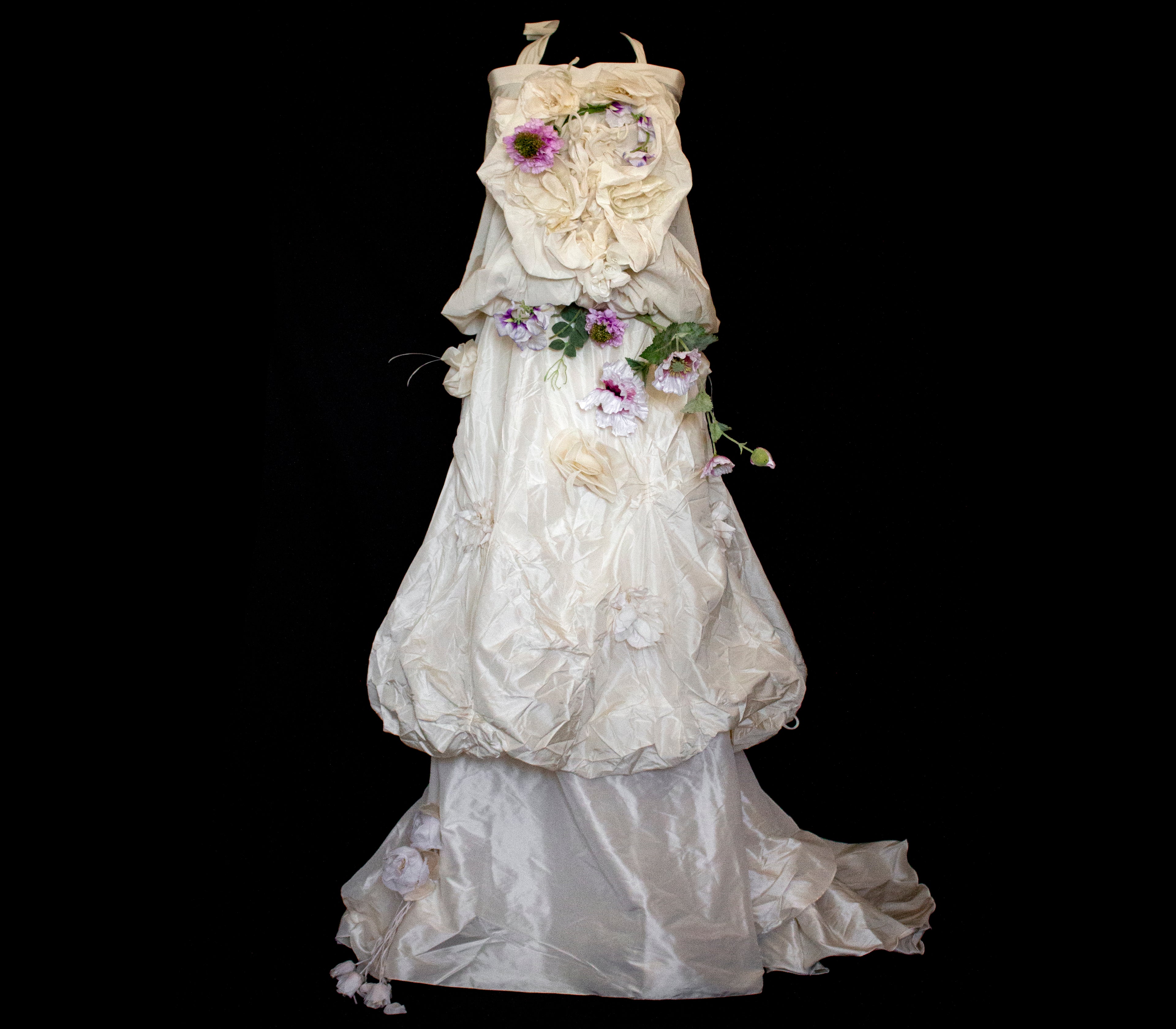 297- UNIQUE ROMANTIC VINTAGE SILK TAFFETA ENSEMBLE: BALLOON TOP & 3D MULTICOLOR FLORAL SKIRT