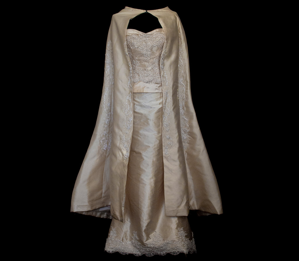 334 - IVORY SILK MIKADO VINTAGE WEDDING DRESS: COLUMN GOWN WITH EMBROIDERED CAPE & CRYSTALS - Vague atelier