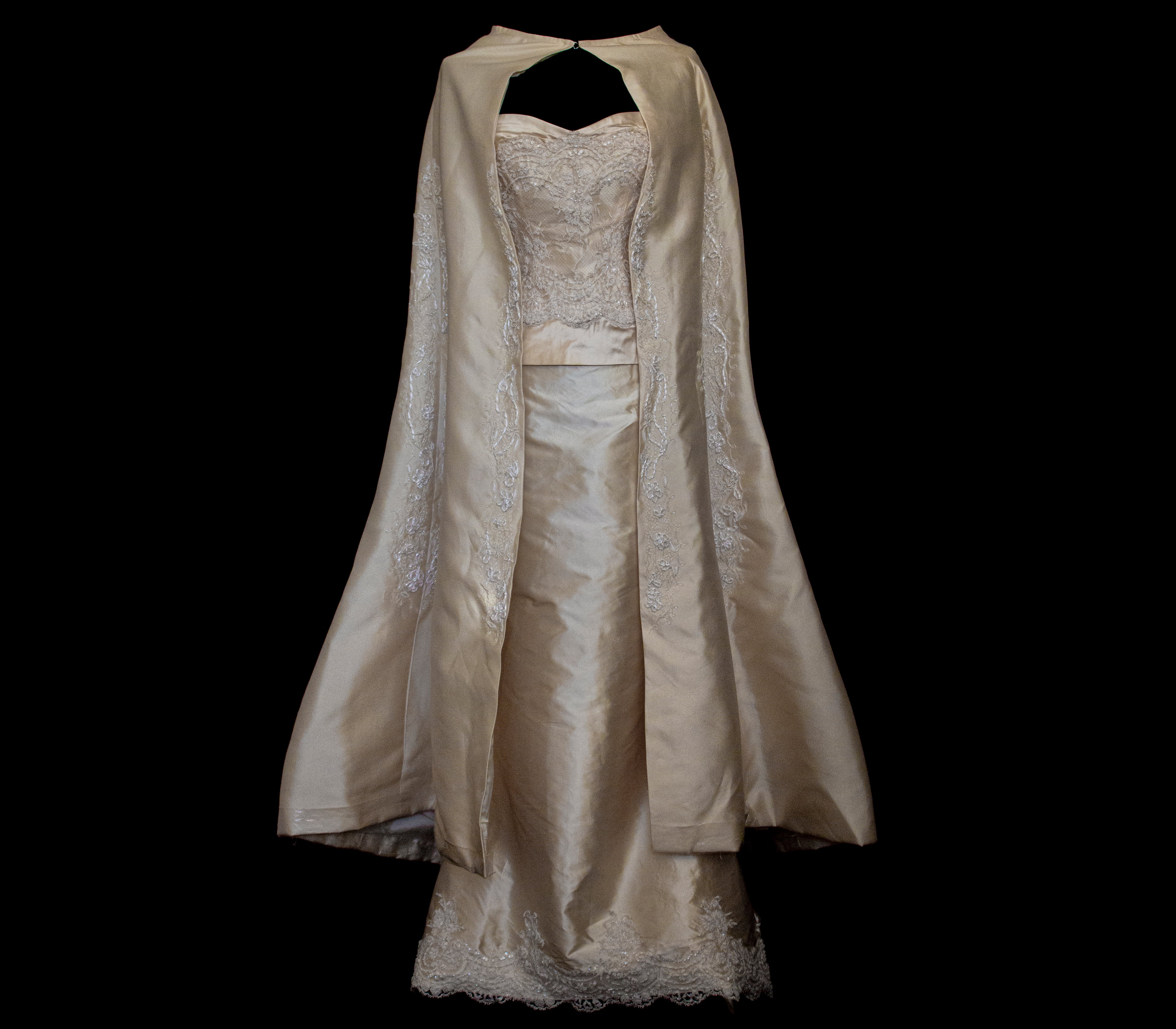 334 - IVORY SILK MIKADO VINTAGE WEDDING DRESS: COLUMN GOWN WITH EMBROIDERED CAPE & CRYSTALS - Vague atelier