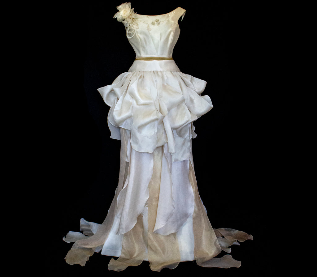 357 - VINTAGE 90s UPCYCLED SILK ORGANZA WEDDING DRESS: EMBROIDERED GOWN WITH HANDMADE FRINGE