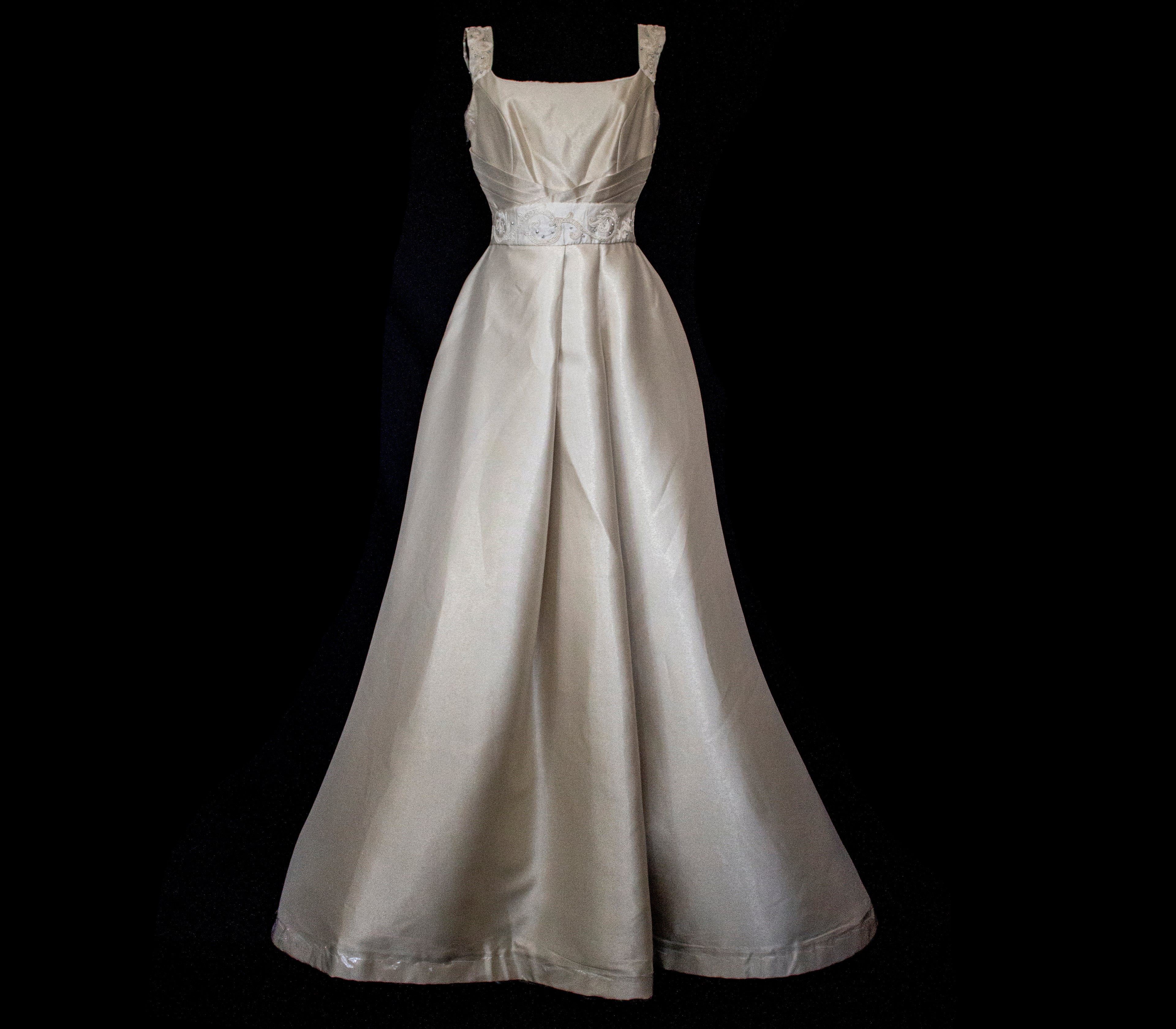 307 - REGAL BRONZE SILK MIKADO WEDDING DRESS: A-LINE GOWN WITH ANTIQUE 1960S EMBROIDERY