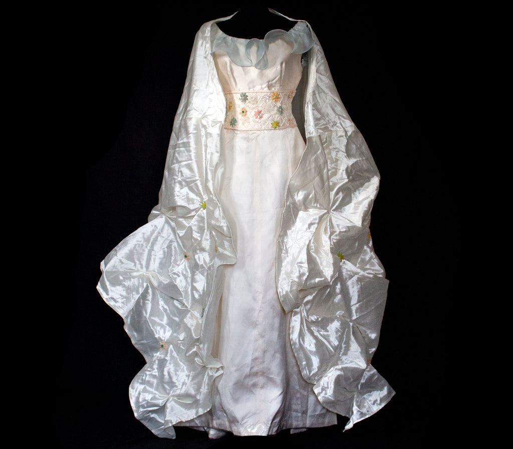 346 - UNIQUE UPCYCLED SILK TAFFETA WEDDING DRESS: PALE PINK MIKADO GOWN WITH MINT RUFFLE, SEQUIN FLORAL EMBROIDERY & MAXI STOLE