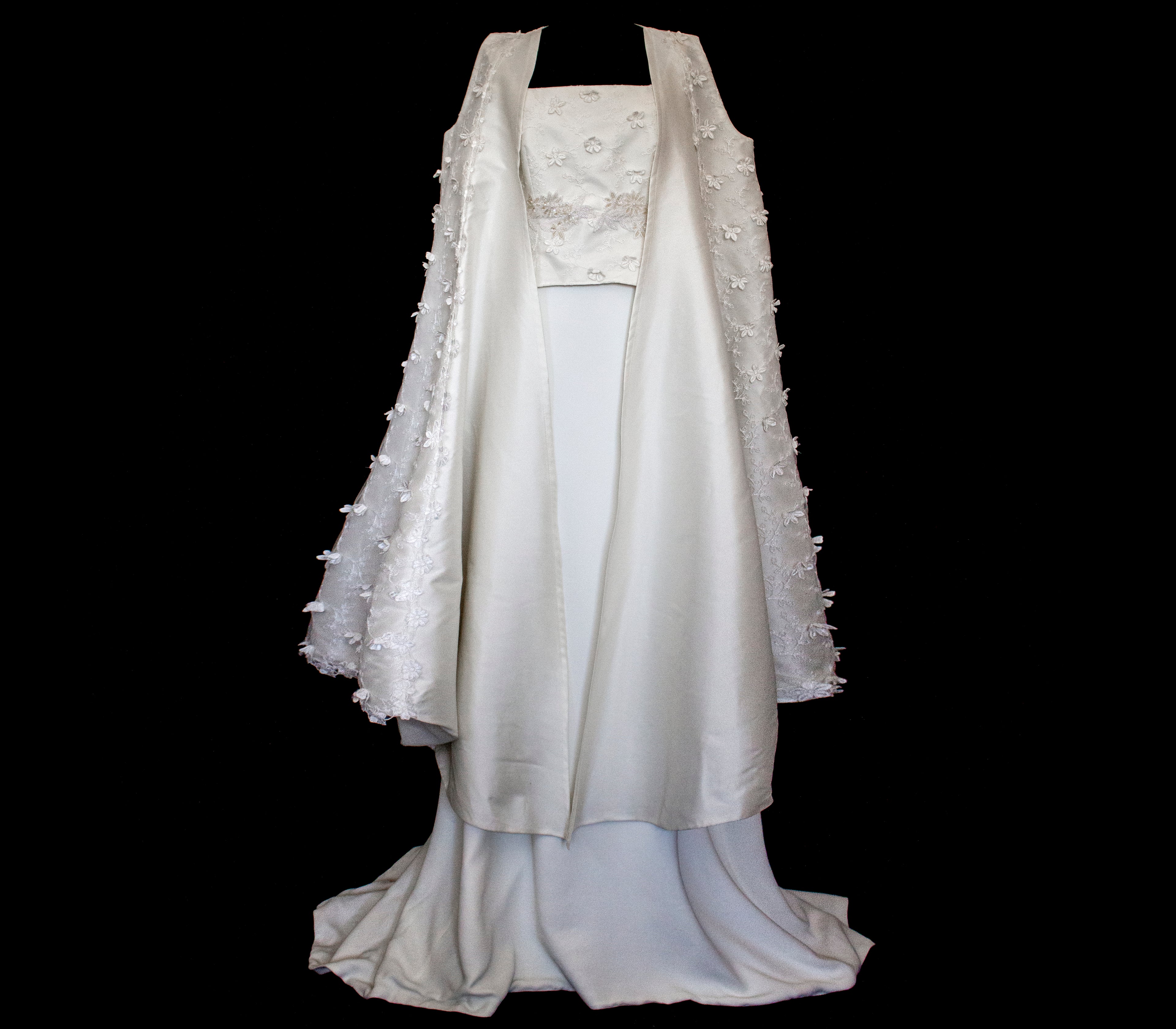 293 - UNIQUE UPCYCLED 3-PIECE BRIDAL SET: 3D FLORAL TOP, MIKADO SKIRT & BRIDAL VEST