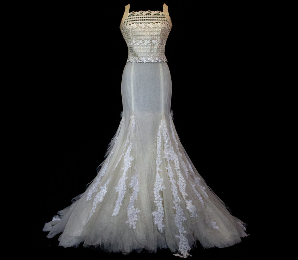 364 - VINTAGE 90s UPCYCLED TULLE AND MACRAME WEDDING DRESS: 2-PIECE ROMANTIC GOWN WITH FLOREAL LACE