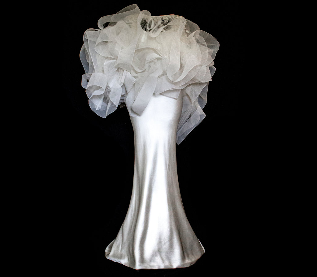 360 - VINTAGE SLIP STYLE WEDDING DRESS: CREAM FLUID SATIN GOWN WITH EMBROIDERED TULLE CAPE
