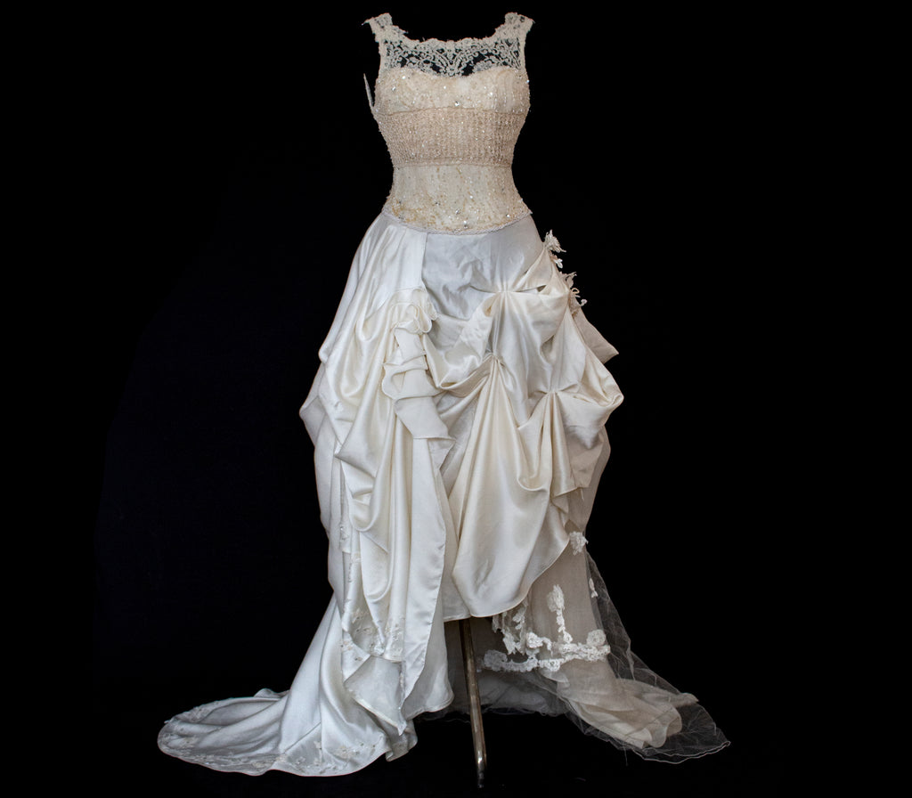 337 - IVORY CHAMPAGNE UPCYCLED COUTURE WEDDING DRESS: MIXED VINTAGE SILKS WITH HAND-EMBROIDERED LACE & FLORAL RAMAGE - Vague atelier