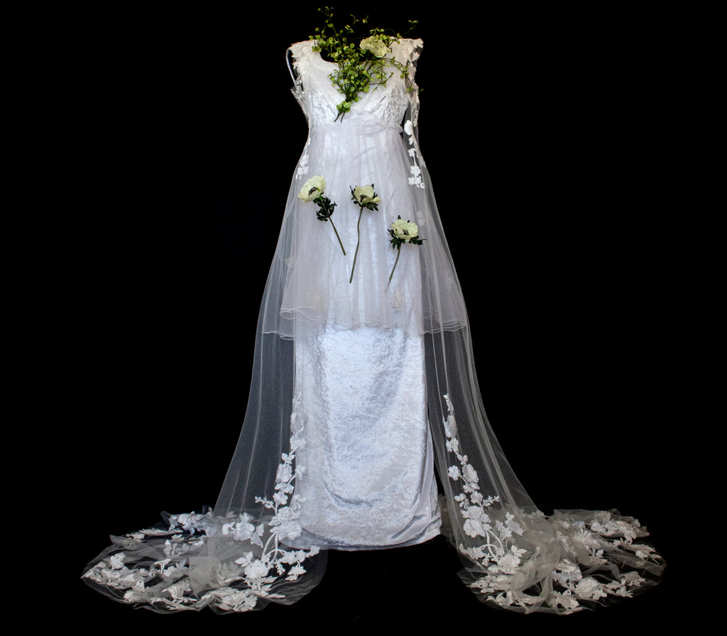 350 - UNIQUE VINTAGE UPCYCLED WEDDING DRESS: PEARL GREY VELVET SHEATH WITH TUTU & MAXI EMBROIDERED BRIDAL CAPE, SPRING BOHO STYLE - Vague atelier