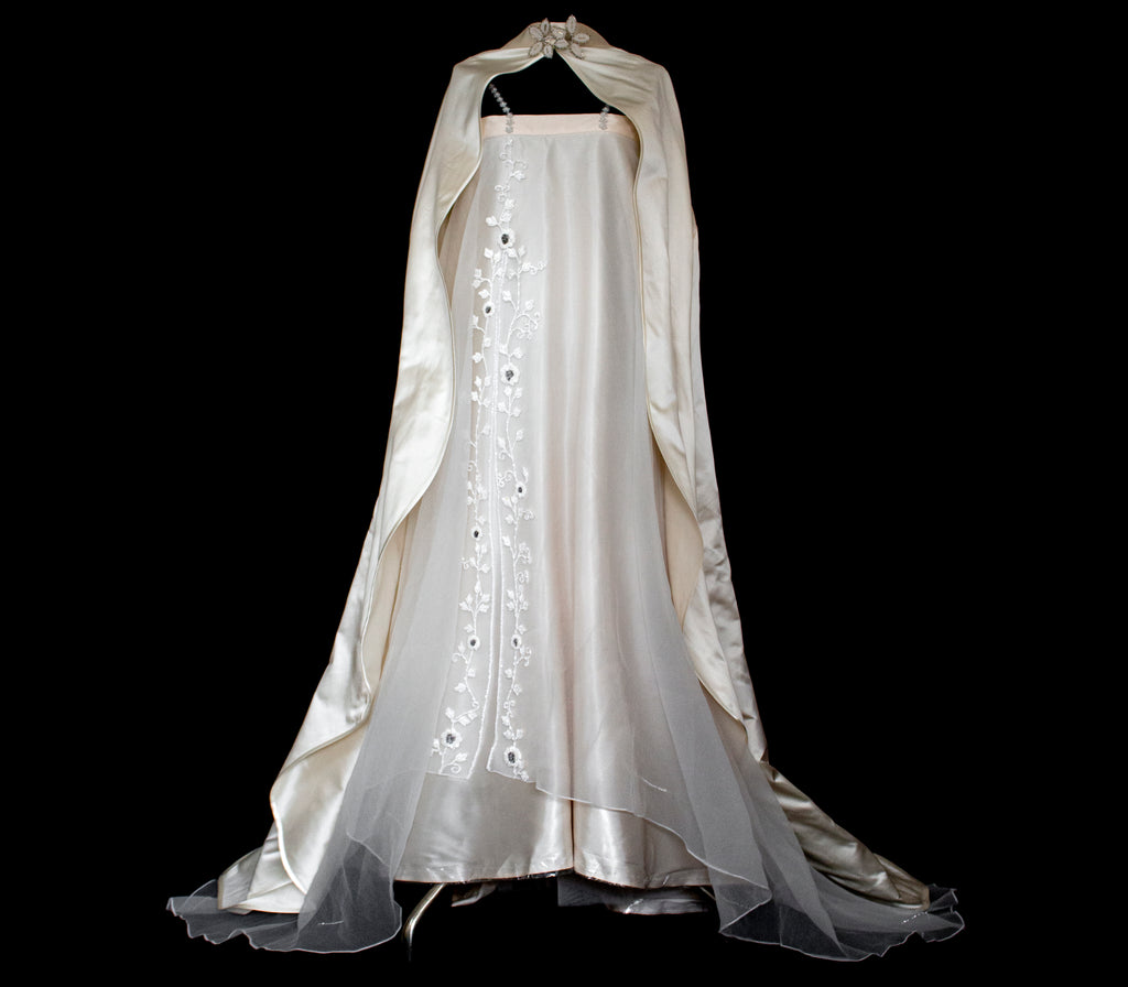 347 - UNIQUE UPCYCLED SILK SATIN WEDDING DRESS: POWDER PINK SLIP GOWN & IVORY CAPE ENSEMBLE, SILVER FLORAL EMBROIDERY, BOHO LUXURY