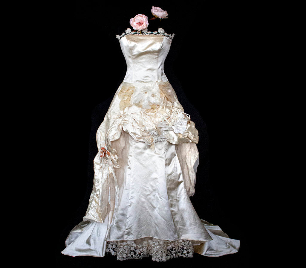 348 - UNIQUE UPCYCLED SILK MERMAID WEDDING DRESS: 90S CREAM TAFFETA GOWN WITH PINK PEONIES, EMBOSSED FLORAL DETAILS & BOHO ROMANTIC STYLE