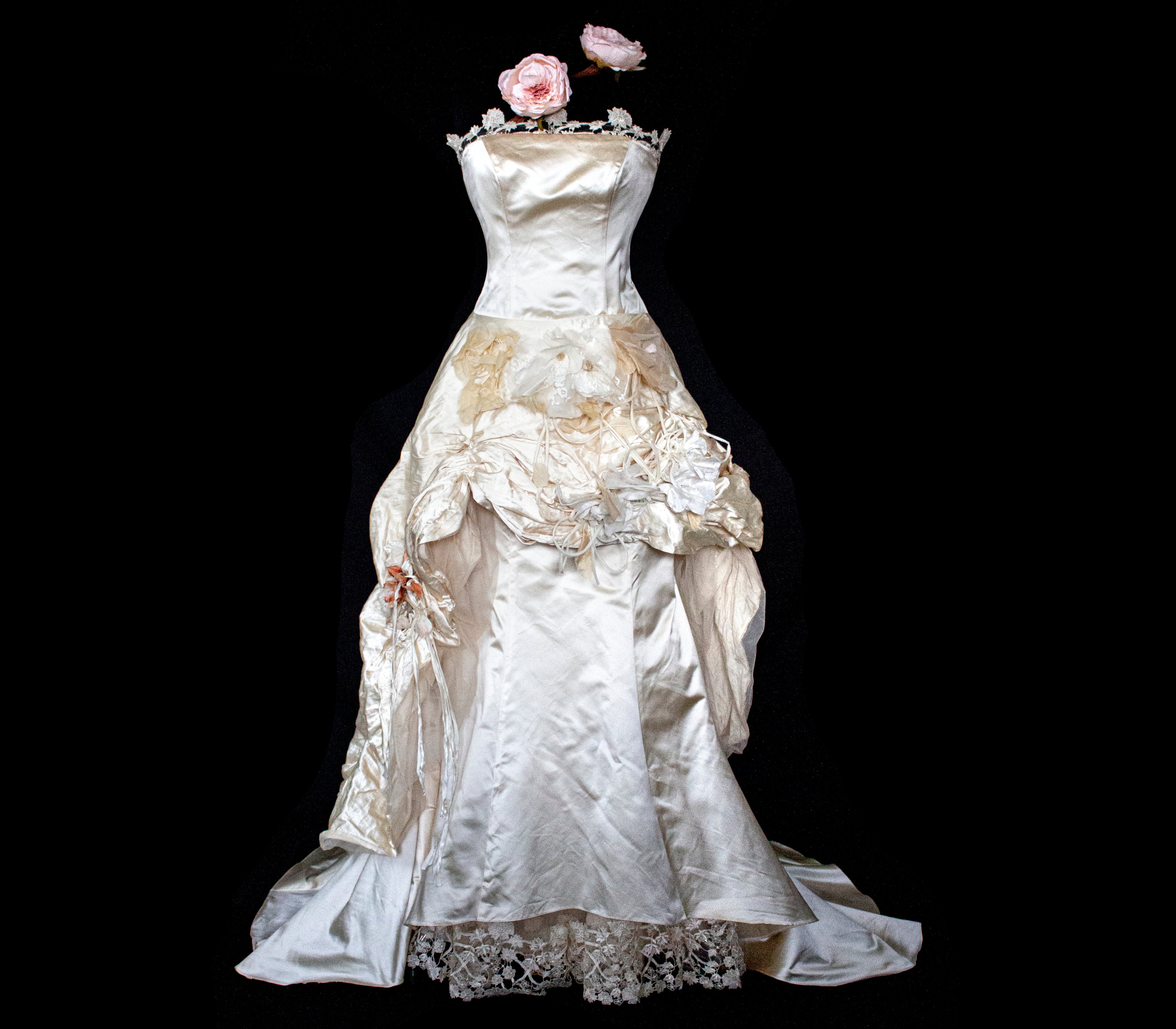 348 - UNIQUE UPCYCLED SILK MERMAID WEDDING DRESS: 90S CREAM TAFFETA GOWN WITH PINK PEONIES, EMBOSSED FLORAL DETAILS & BOHO ROMANTIC STYLE