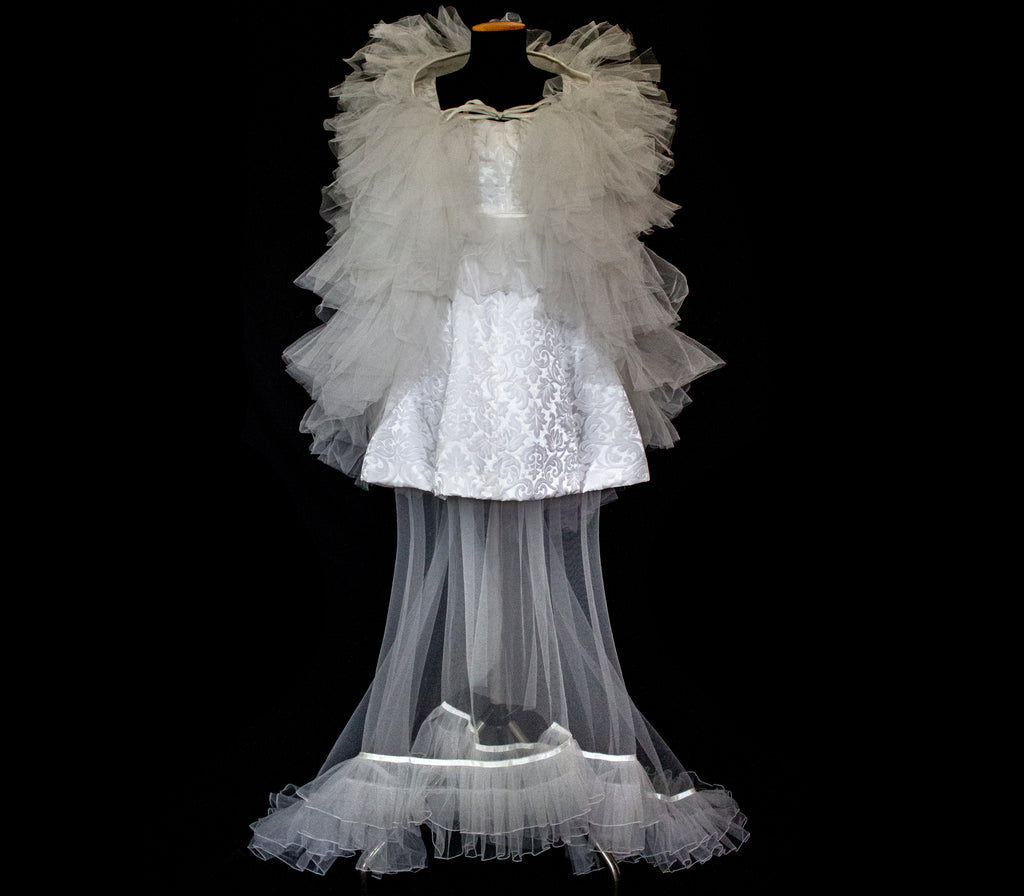 Vintage 90s Mini Wedding Dress | Damask Bridal Dress with Cape & Bow - 368