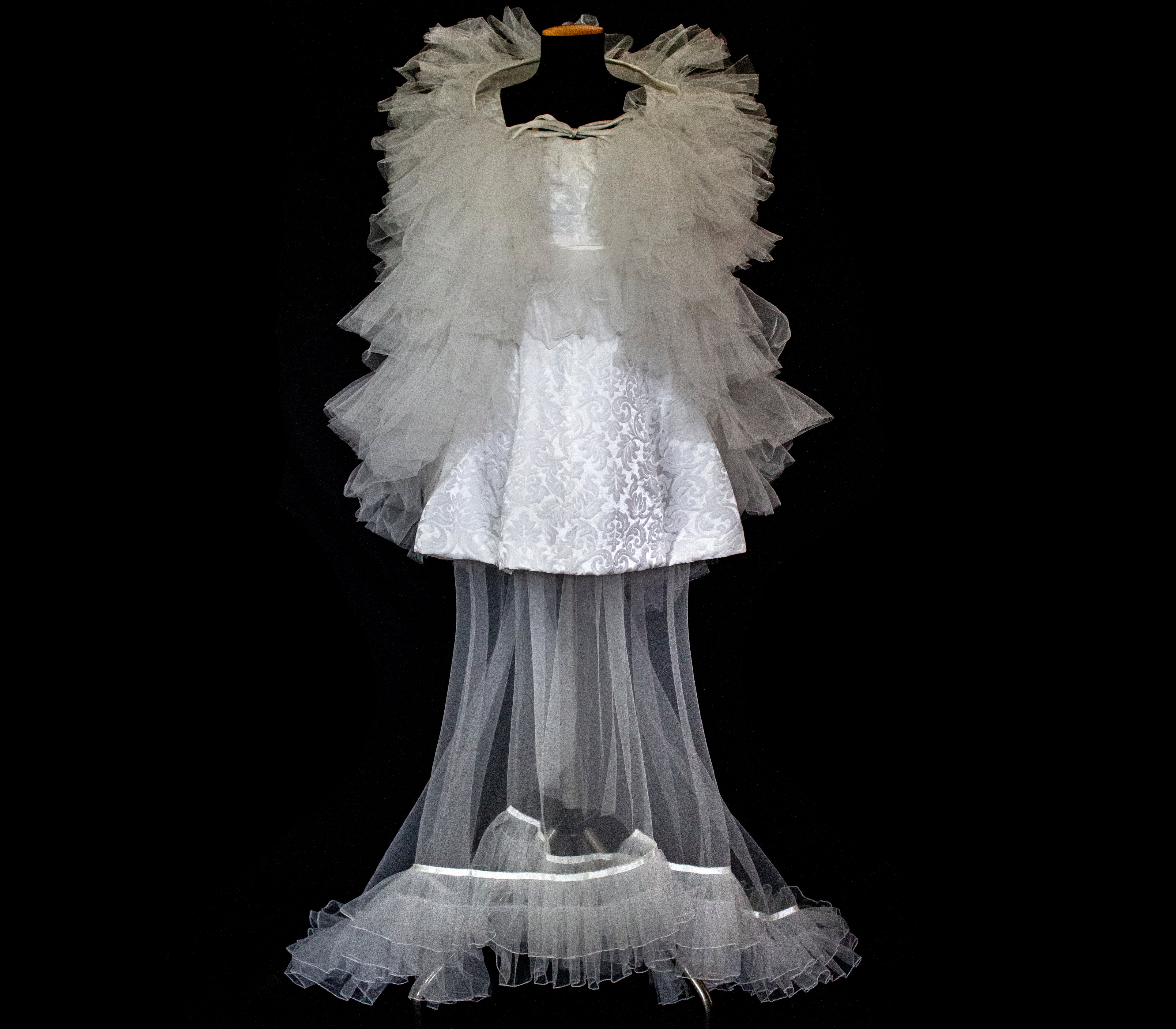 Vintage 90s Mini Wedding Dress | Damask Bridal Dress with Cape & Bow - 368
