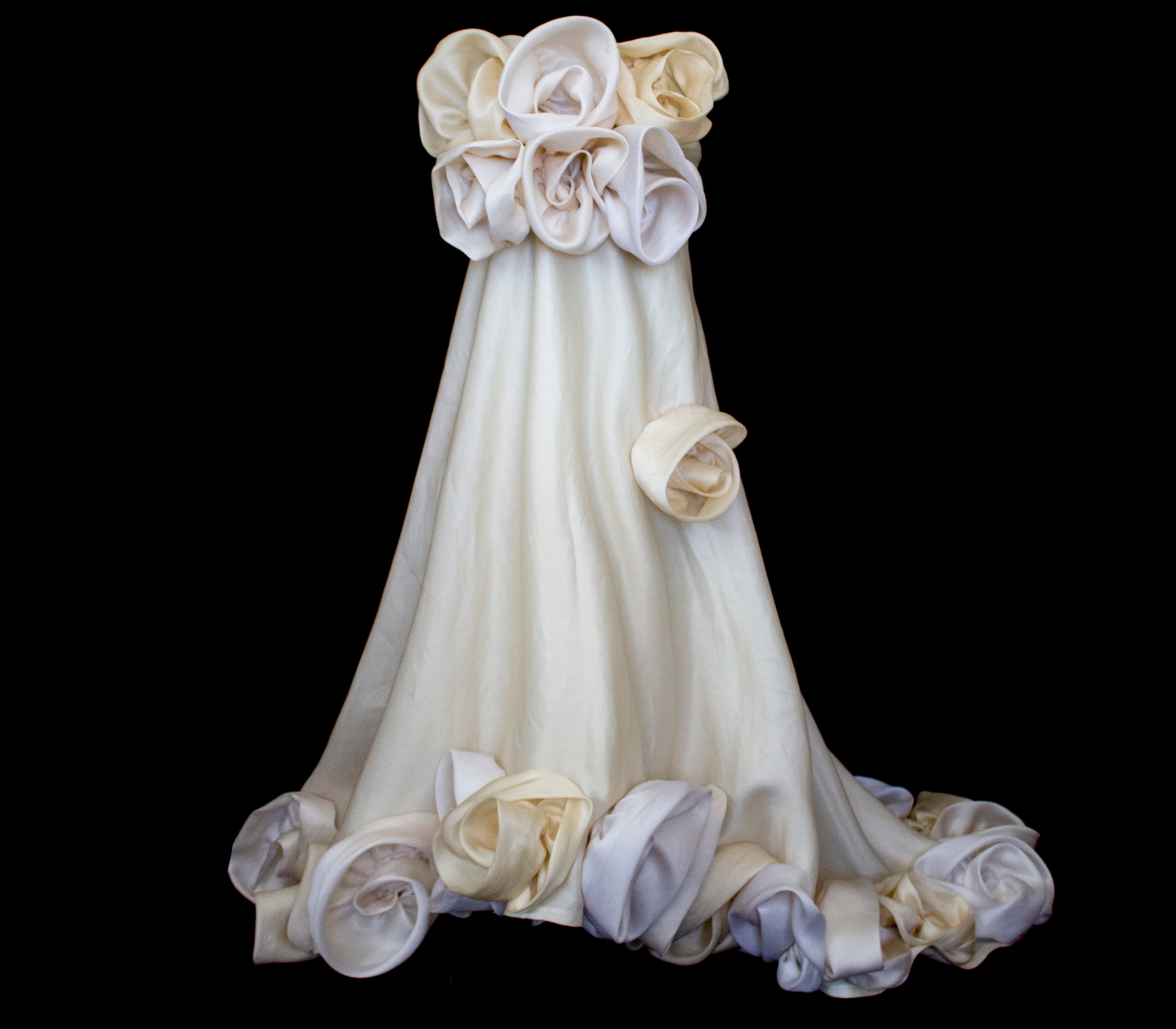 318 - COUTURE SILK ORGANZA BRIDAL GOWN: HANDMADE 3D MAXI FLOWERS & VINTAGE FLORAL TRAIN