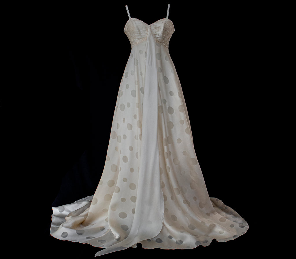 338 - IVORY CHAMPAGNE SILK ORGANZA WEDDING DRESS: POLKA / POIS DOT EMPIRE GOWN WITH BEADED STRAPS & FULL CIRCLE TRAIN - Vague atelier