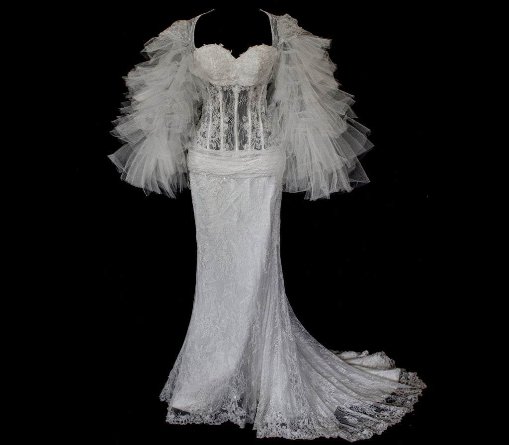 281 - SENSUAL BACKLESS BRIDAL GOWN: NUDE EFFECT EMBROIDERY & VAPOROUS TULLE RUFFLE SLEEVES