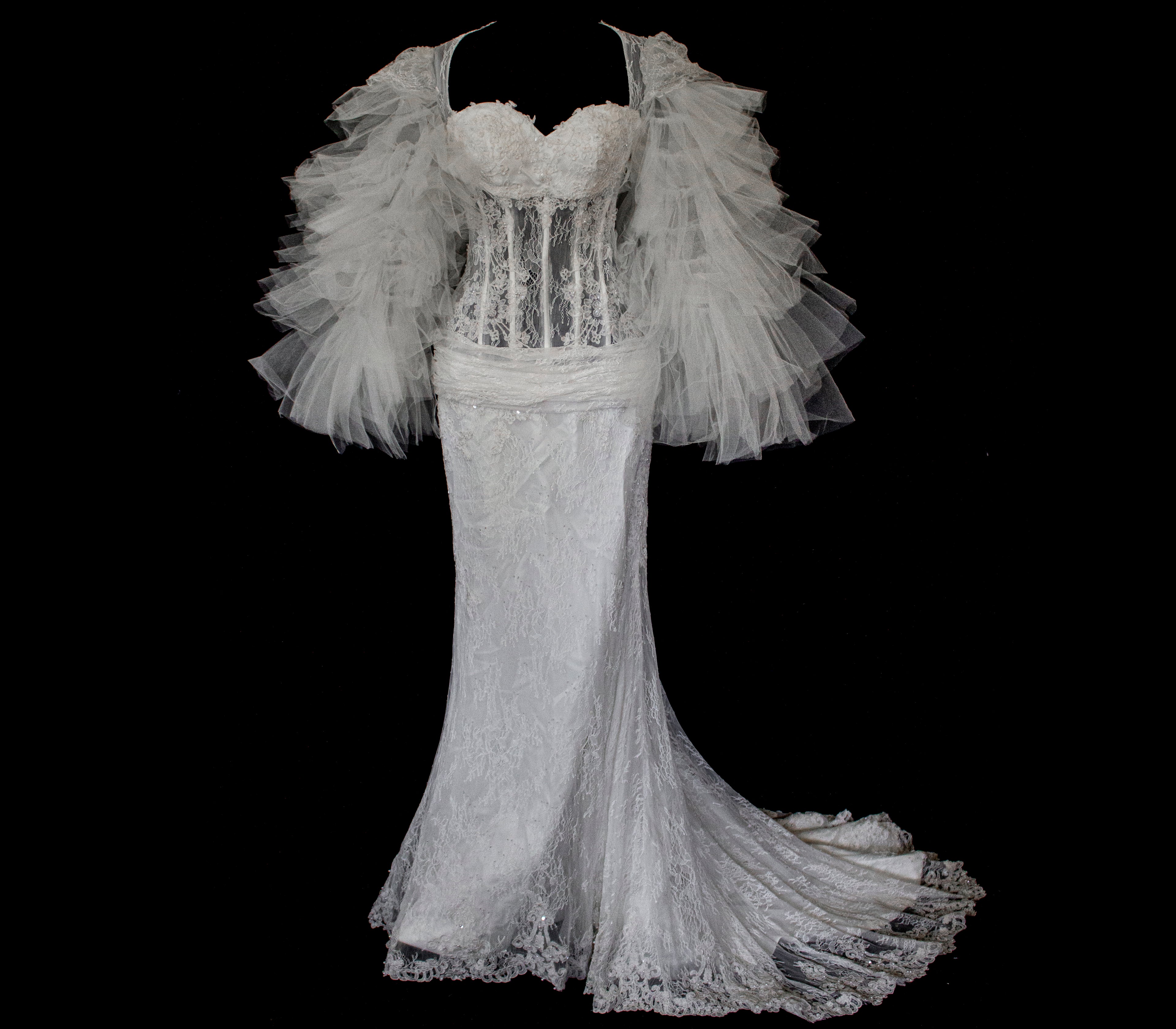 281 - SENSUAL BACKLESS BRIDAL GOWN: NUDE EFFECT EMBROIDERY & VAPOROUS TULLE RUFFLE SLEEVES