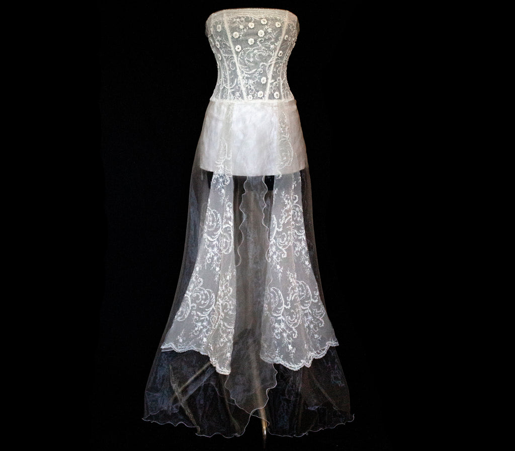 365 - VINTAGE 90s UPCYCLED EMBROIDERED WEDDING DRESS: STRAPLESS WRAP GOWN WITH IRIDESCENT DRAMA CAPE
