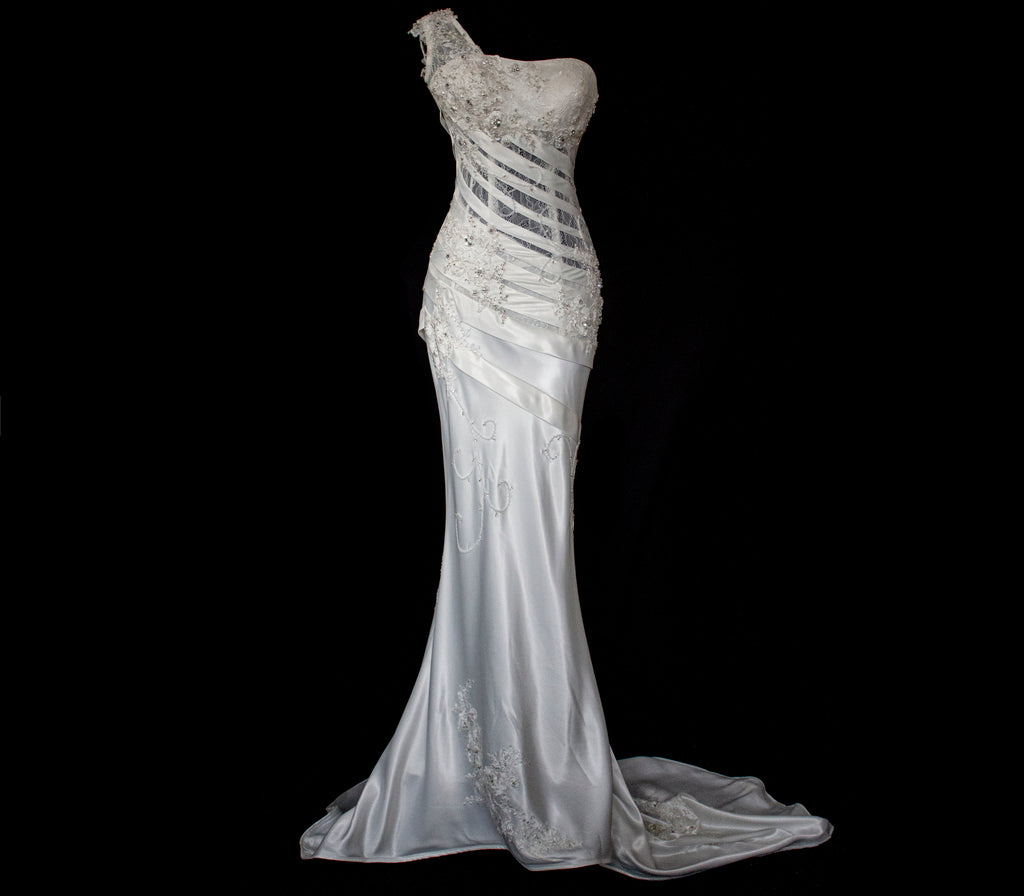 328 - SENSUAL Y2K VINTAGE BRIDAL MERMAID: SHEER ONE-SHOULDER STRETCH SATIN WITH EMBROIDERY - Vague atelier