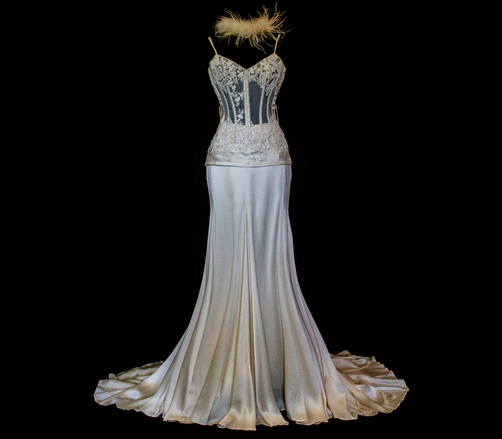 362 - VINTAGE 90s SILK BRIDAL TWO PIECE SET: EMBROIDERED BUSTIER AND FLUID CREAM SKIRT