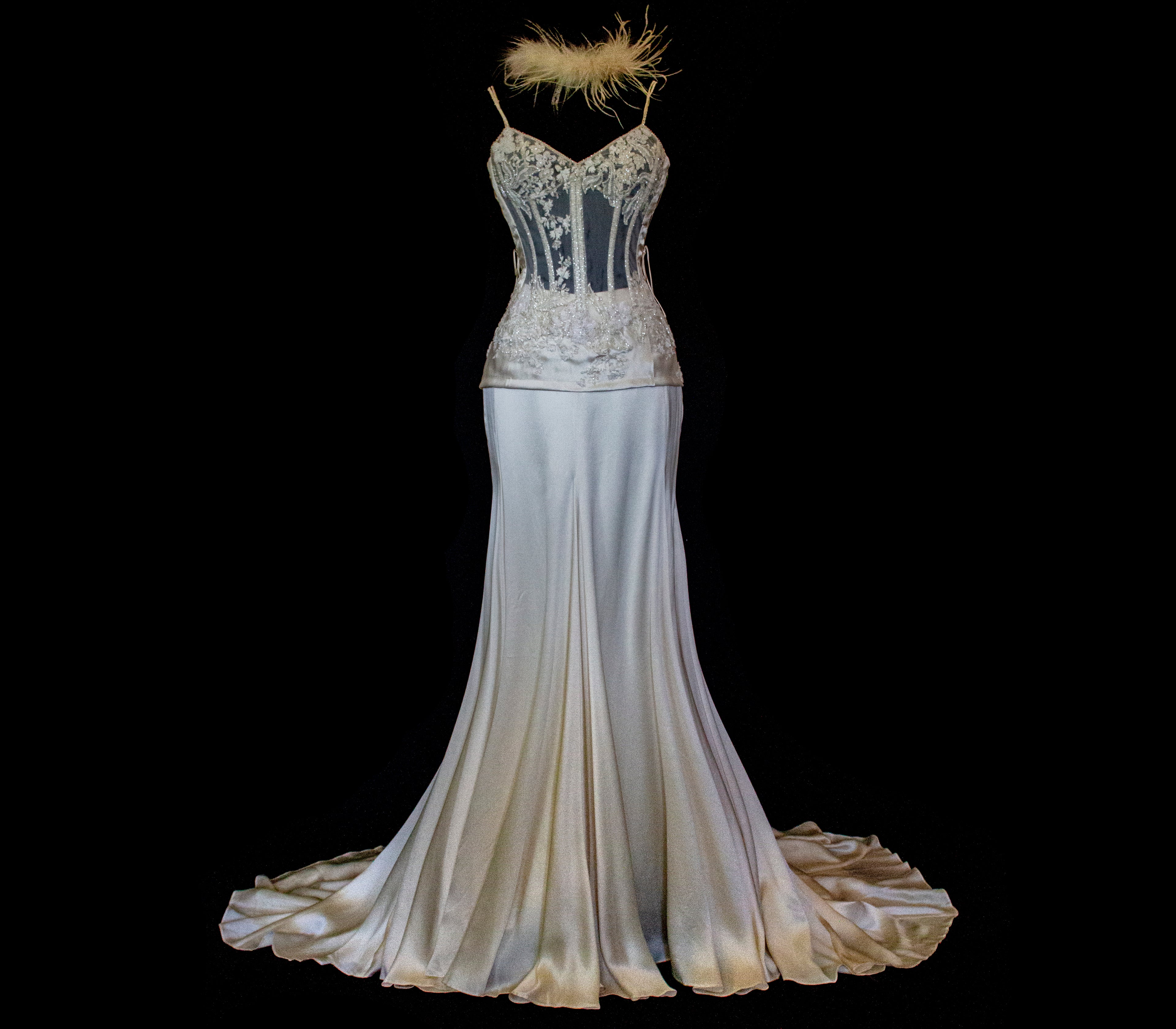 362 - VINTAGE 90s SILK BRIDAL TWO PIECE SET: EMBROIDERED BUSTIER AND FLUID CREAM SKIRT