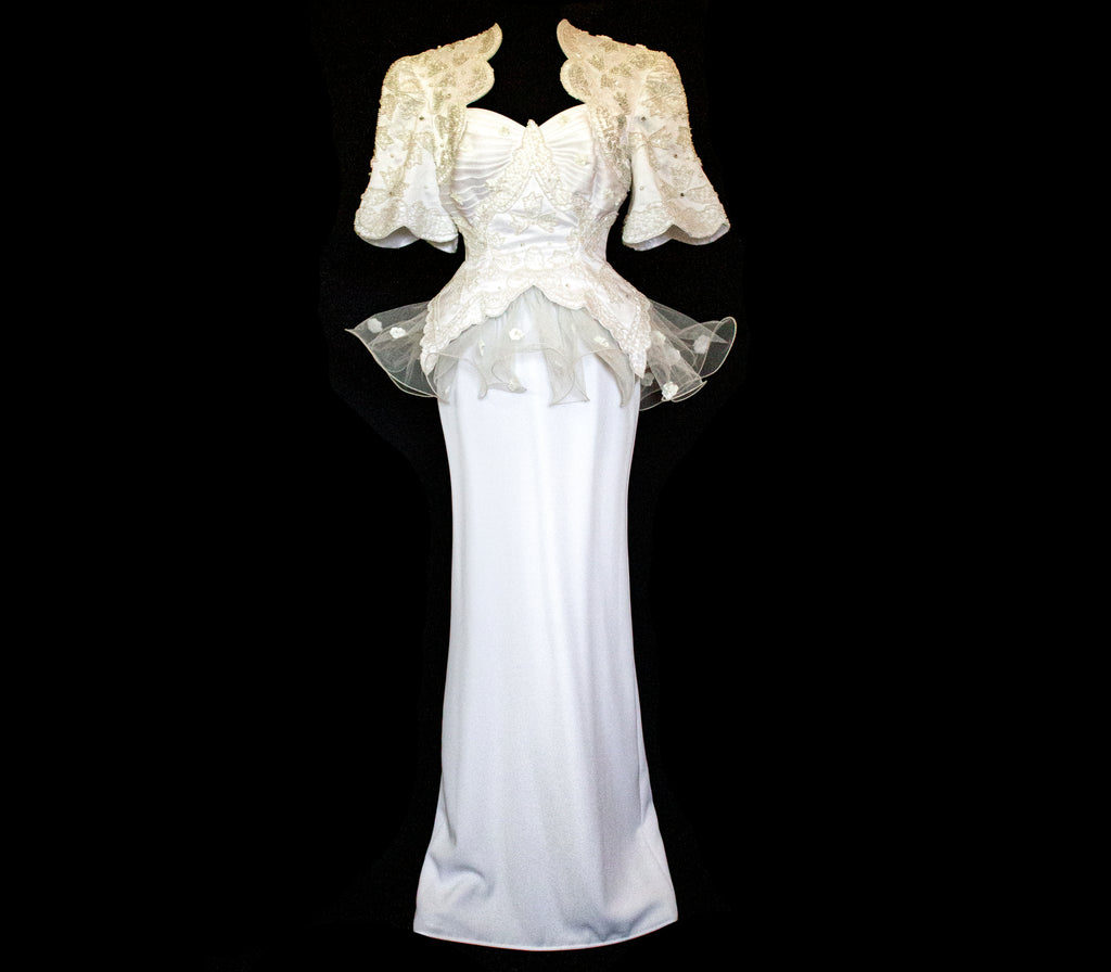 Vintage 80s Sheath Wedding Dress | Hand Embroidered Bridal Gown with Slit - 366